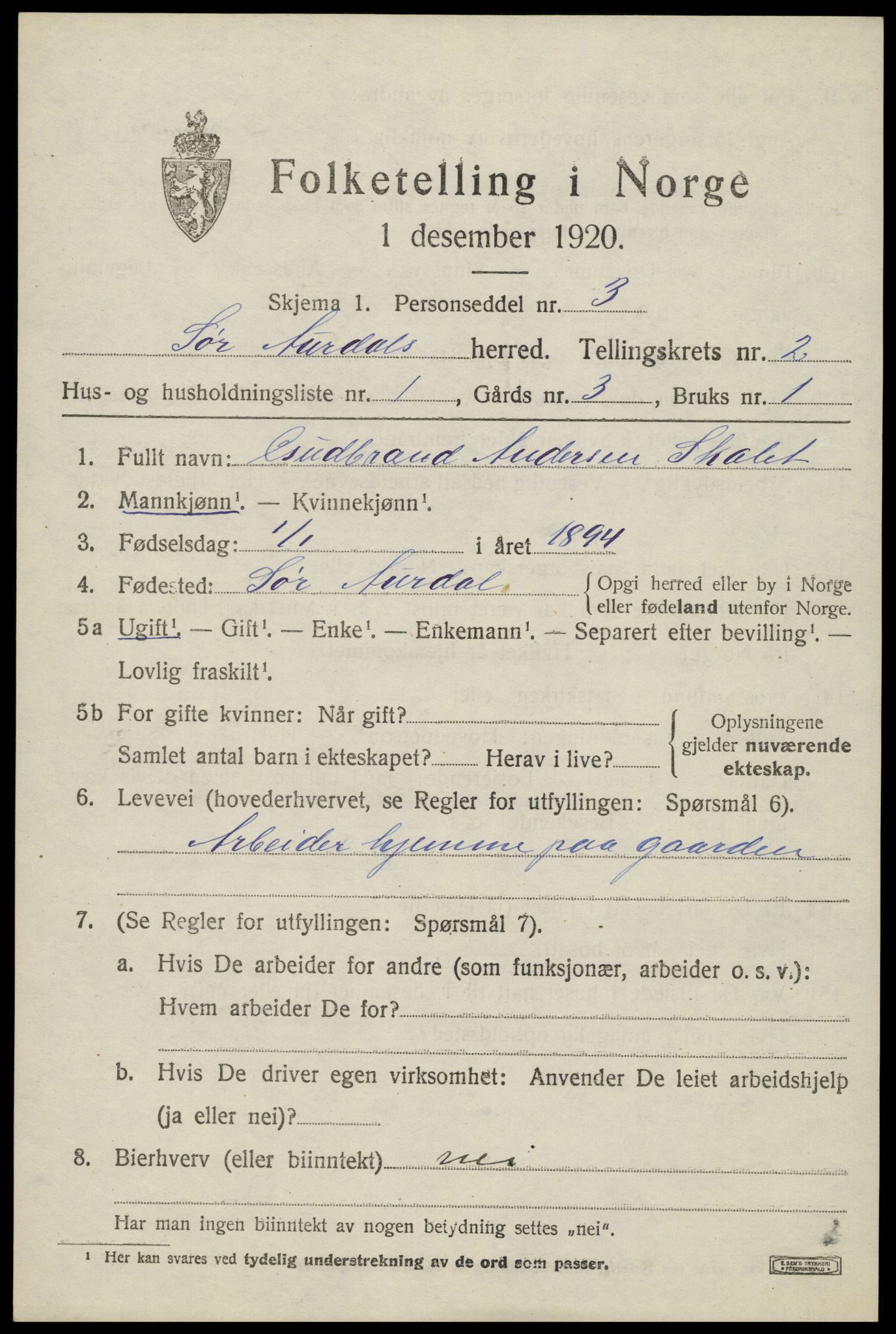 SAH, 1920 census for Sør-Aurdal, 1920, p. 1707