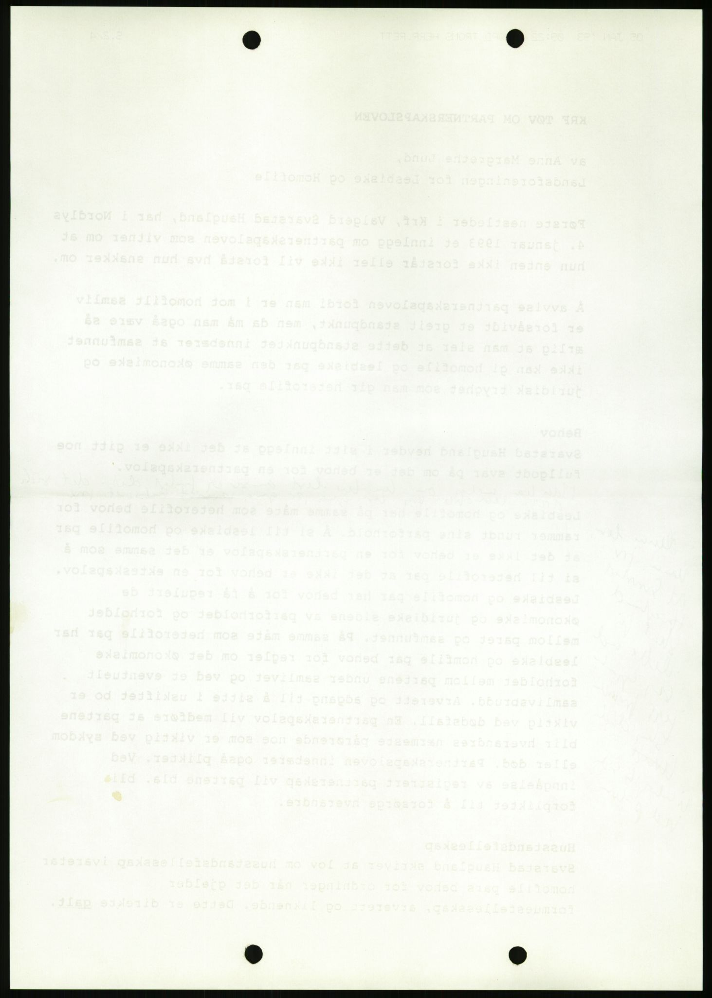 Det Norske Forbundet av 1948/Landsforeningen for Lesbisk og Homofil Frigjøring, AV/RA-PA-1216/D/Da/L0001: Partnerskapsloven, 1990-1993, p. 1436