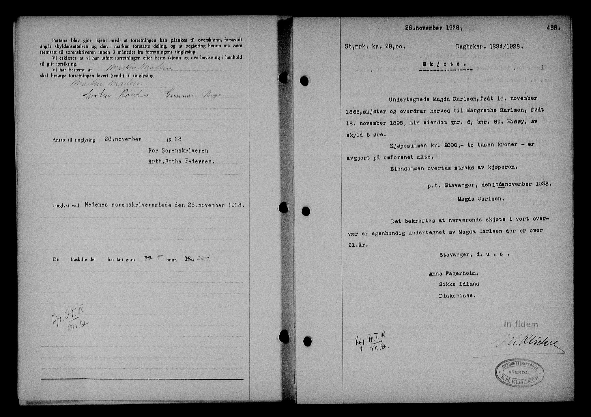 Nedenes sorenskriveri, SAK/1221-0006/G/Gb/Gba/L0045: Mortgage book no. 41, 1938-1938, Diary no: : 1234/1938
