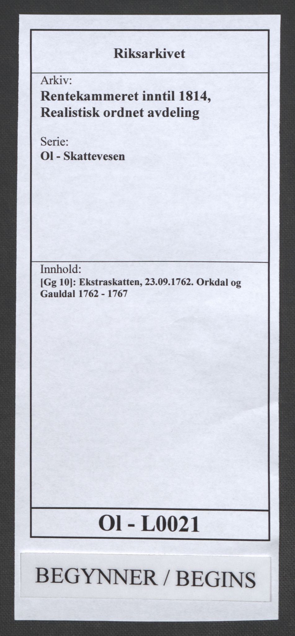 Rentekammeret inntil 1814, Realistisk ordnet avdeling, AV/RA-EA-4070/Ol/L0021: [Gg 10]: Ekstraskatten, 23.09.1762. Orkdal og Gauldal, 1762-1767, p. 1