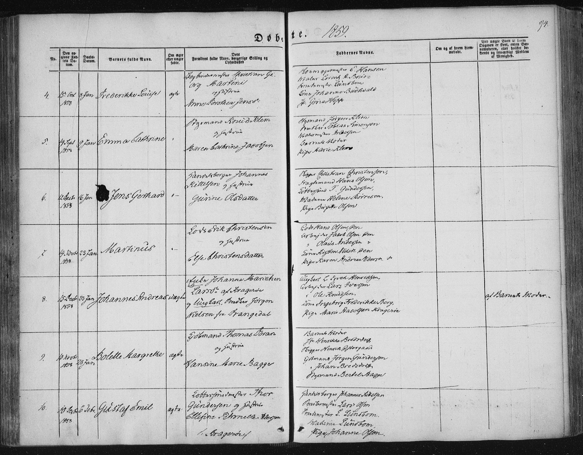 Kragerø kirkebøker, SAKO/A-278/F/Fa/L0006: Parish register (official) no. 6, 1847-1861, p. 94