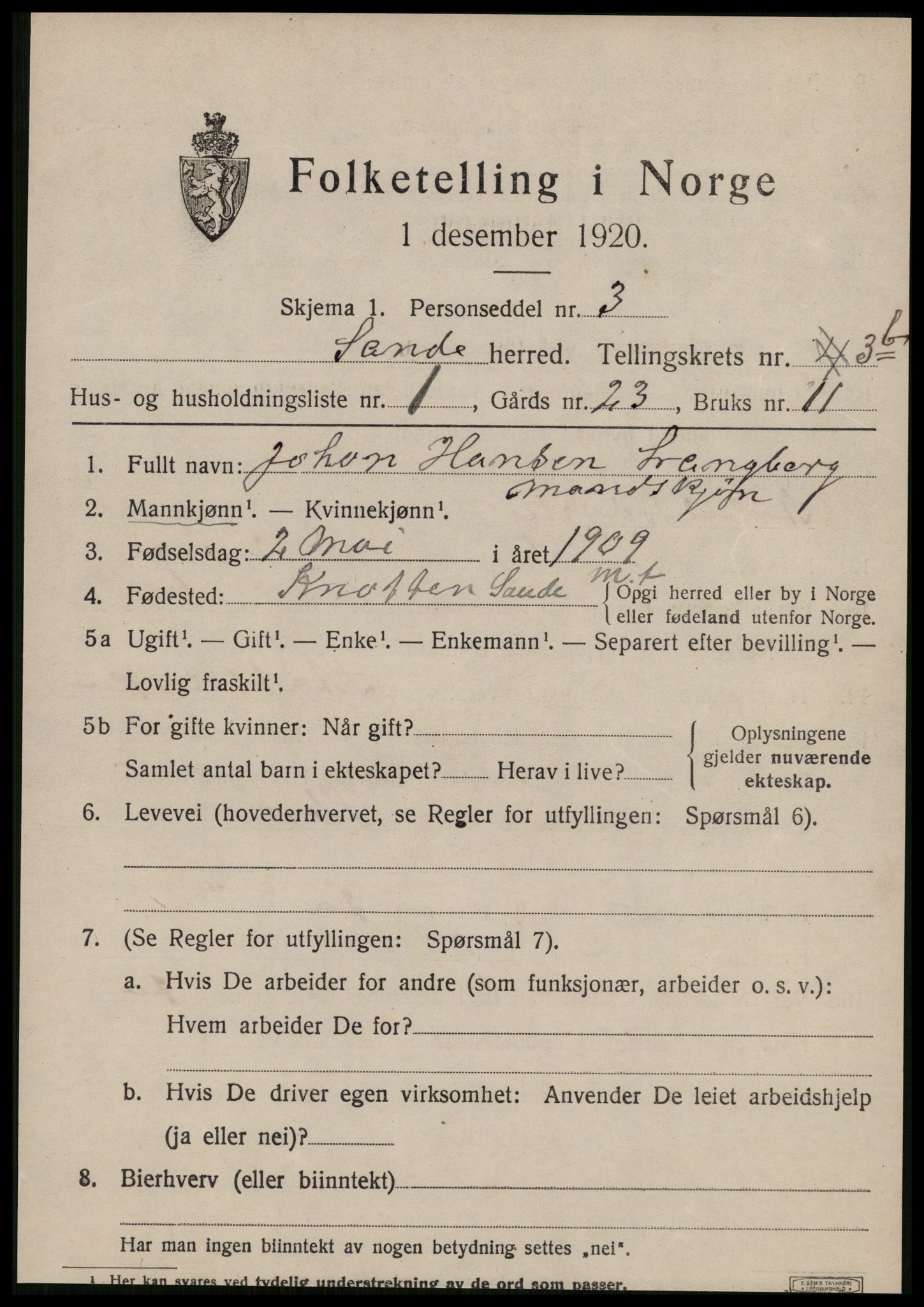 SAT, 1920 census for Sande (MR), 1920, p. 2704