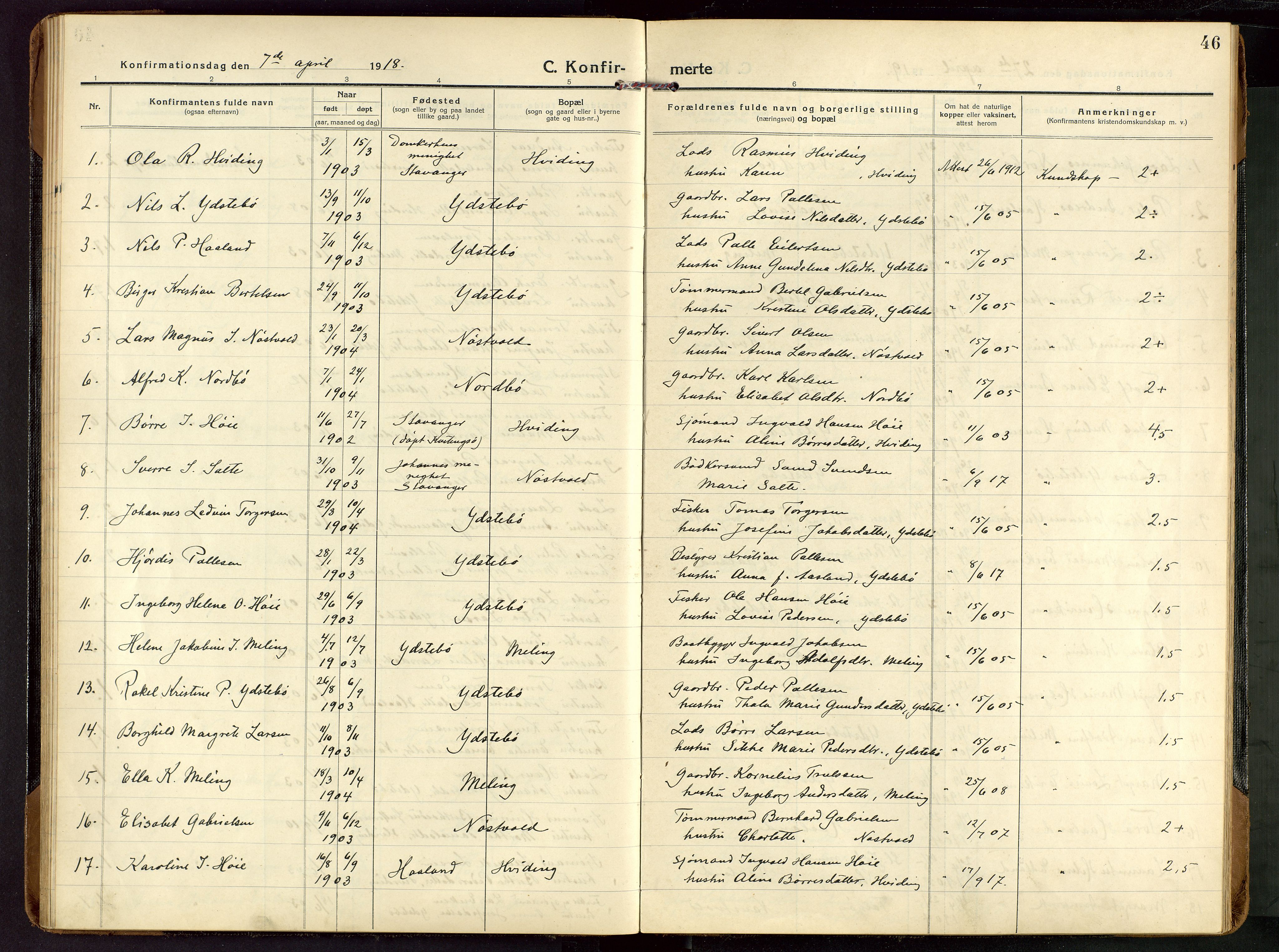 Rennesøy sokneprestkontor, SAST/A -101827/H/Ha/Haa/L0018: Parish register (official) no. A 18, 1917-1937, p. 46