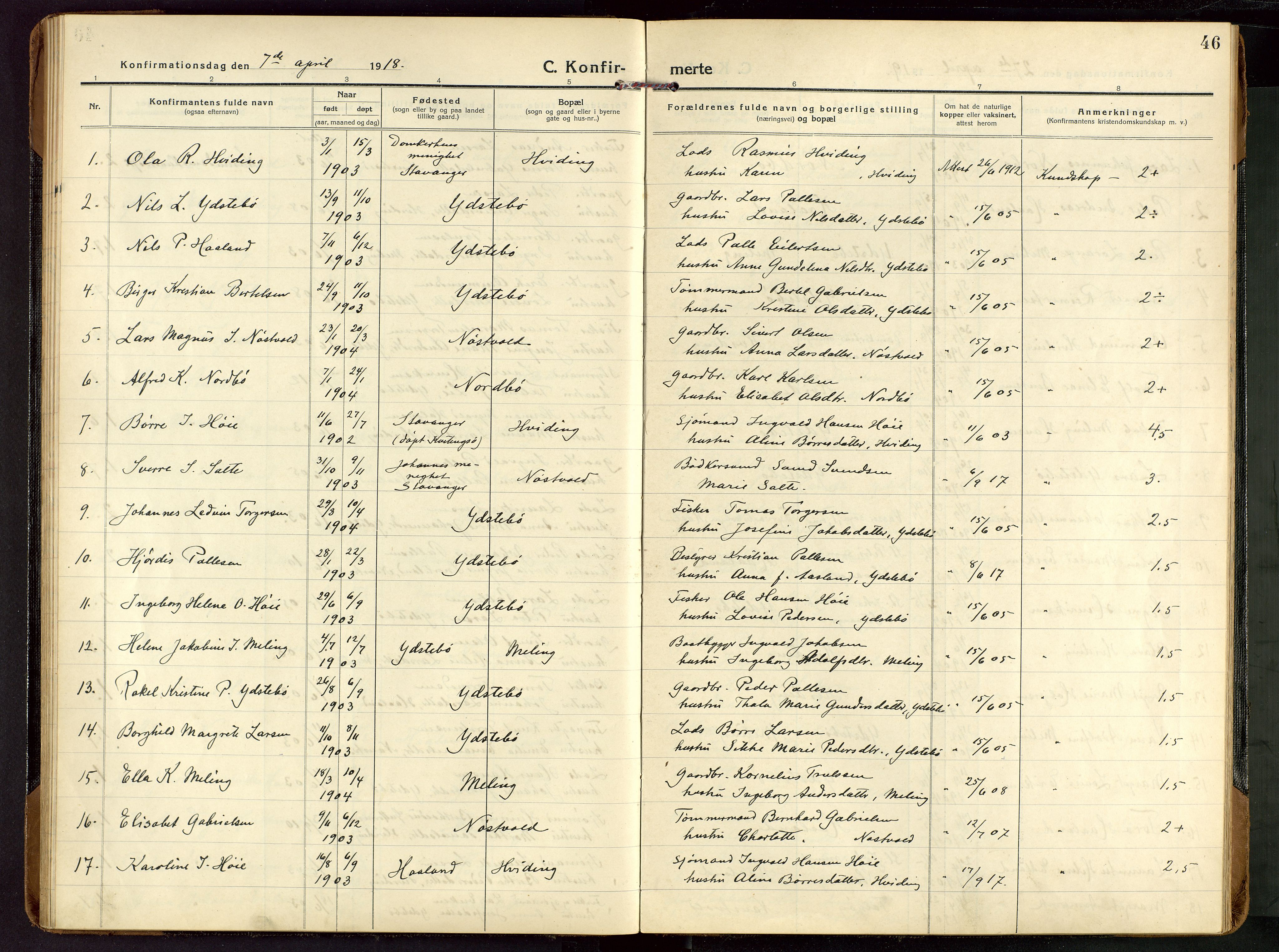 Rennesøy sokneprestkontor, AV/SAST-A -101827/H/Ha/Haa/L0018: Parish register (official) no. A 18, 1917-1937, p. 46