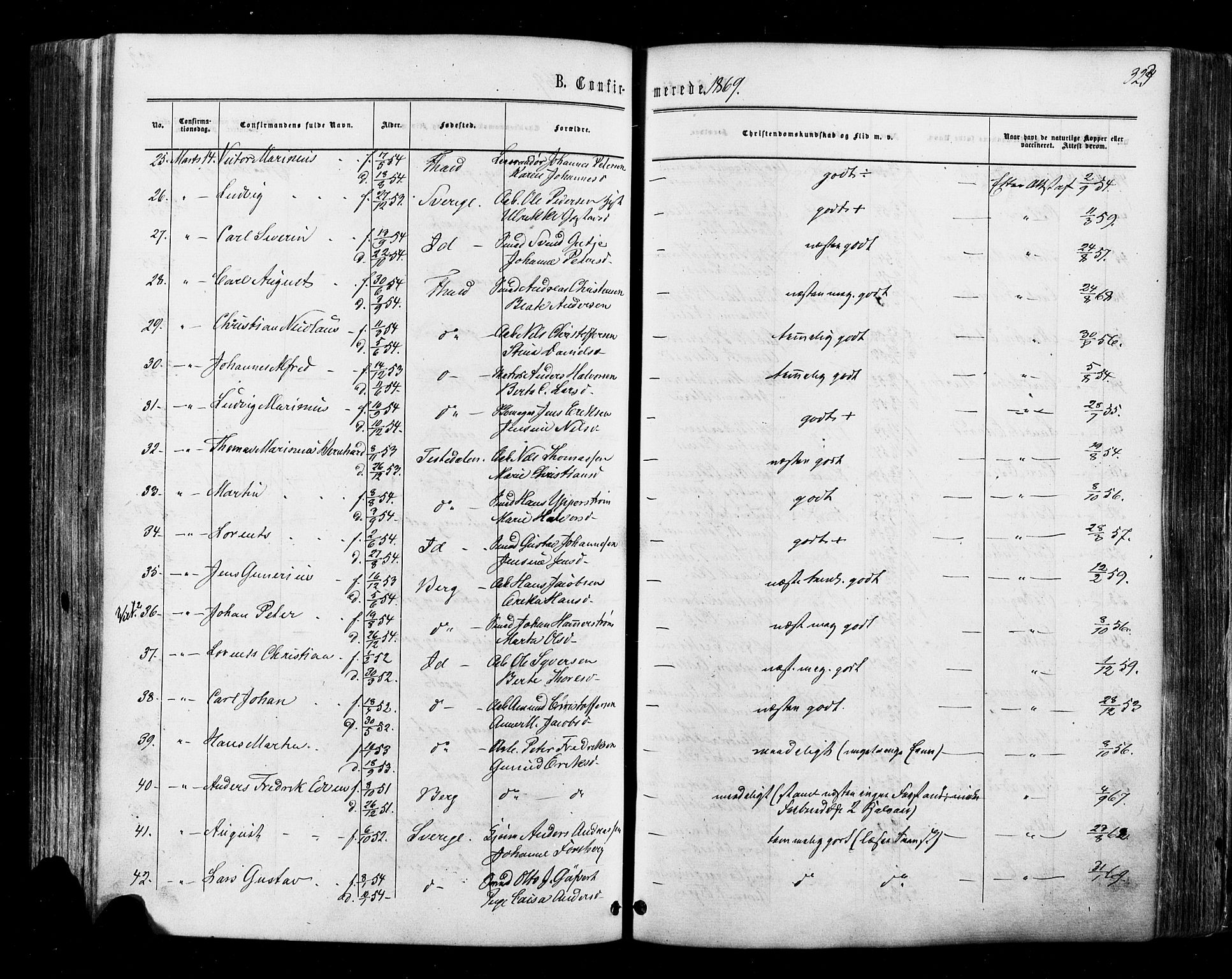 Halden prestekontor Kirkebøker, AV/SAO-A-10909/F/Fa/L0009: Parish register (official) no. I 9, 1866-1877, p. 323