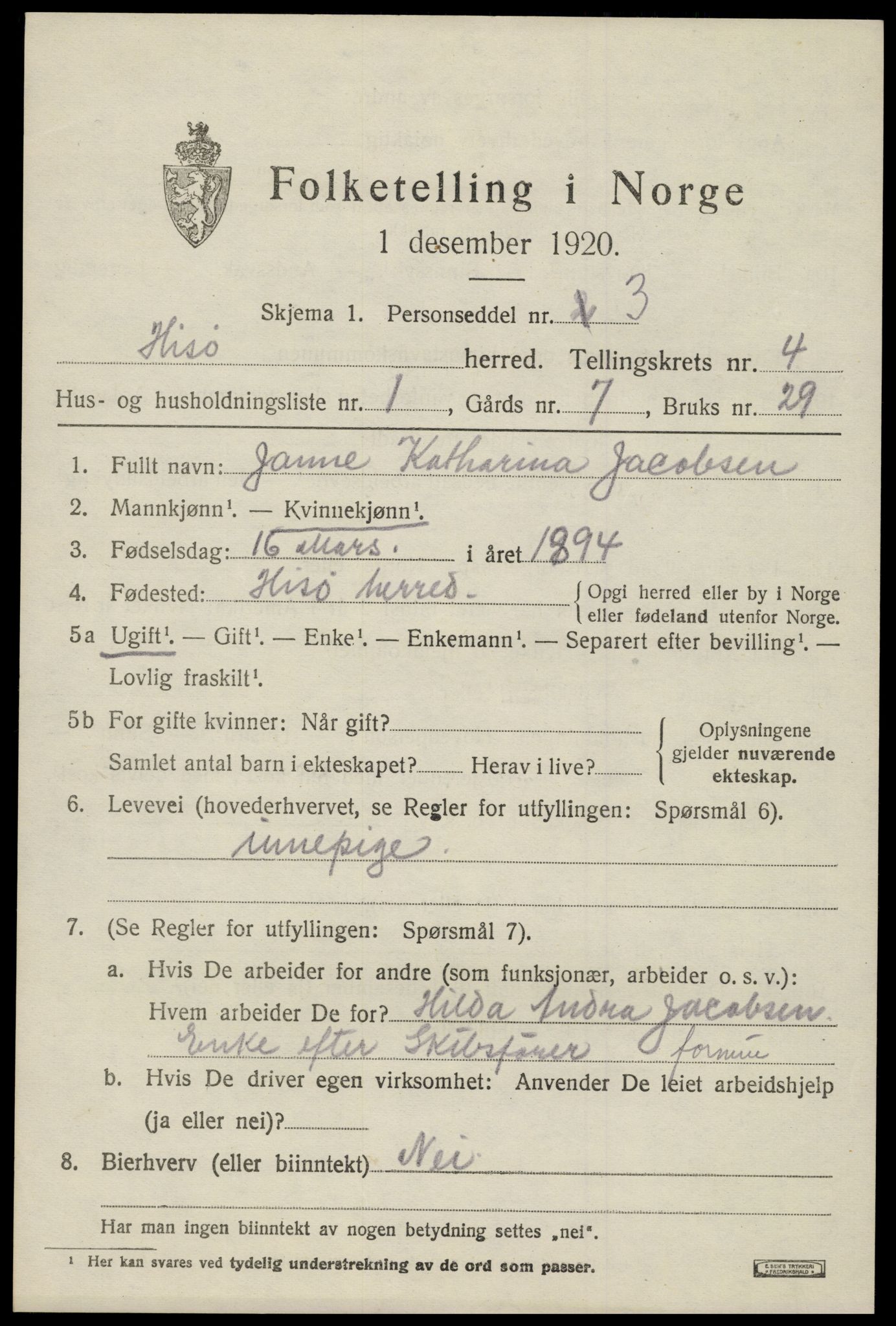 SAK, 1920 census for Hisøy, 1920, p. 5328