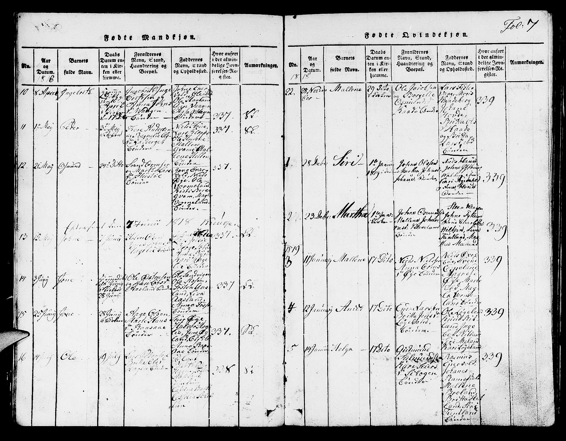 Hjelmeland sokneprestkontor, SAST/A-101843/01/V/L0001: Parish register (copy) no. B 1, 1816-1841, p. 7