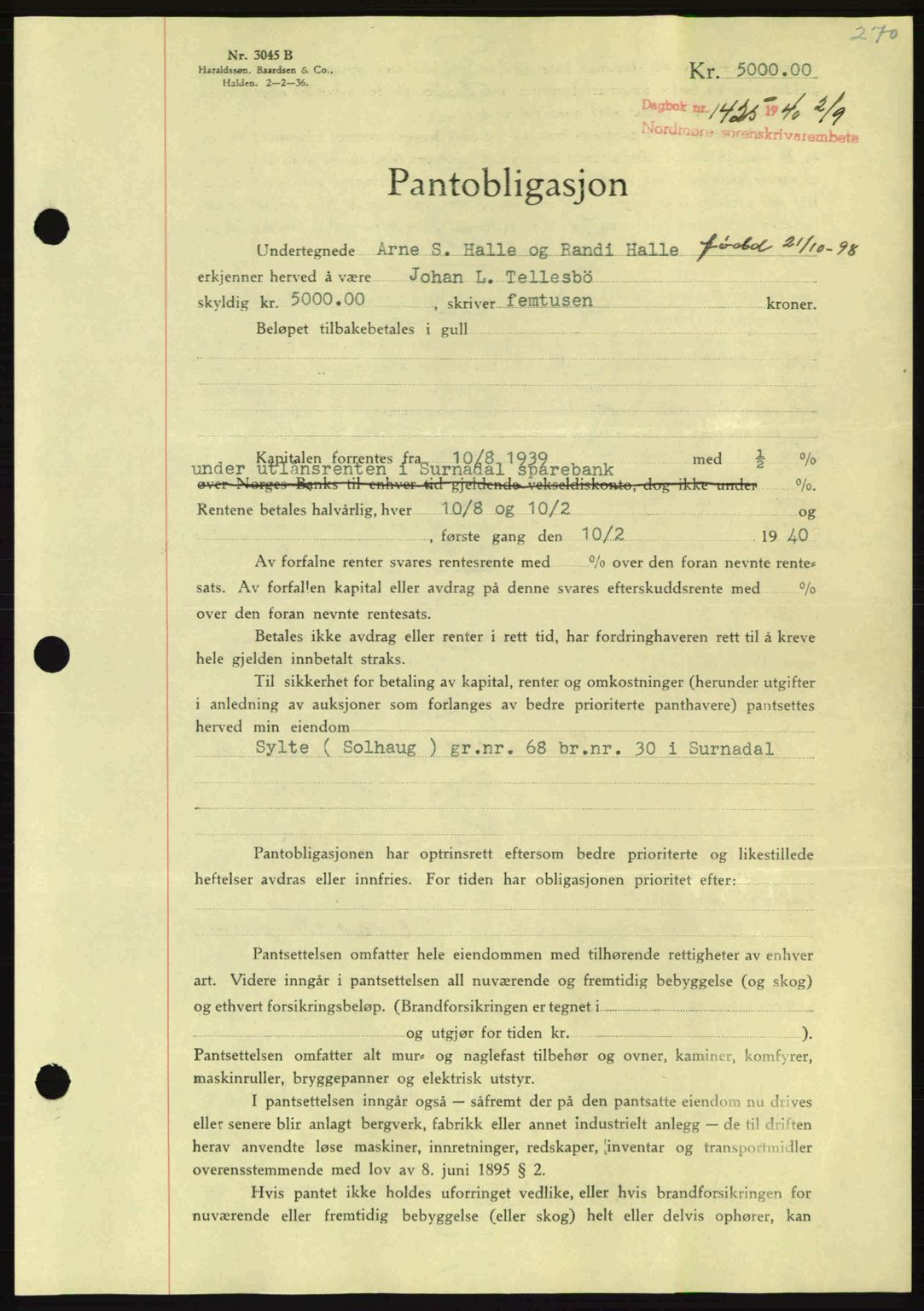 Nordmøre sorenskriveri, AV/SAT-A-4132/1/2/2Ca: Mortgage book no. B87, 1940-1941, Diary no: : 1425/1940