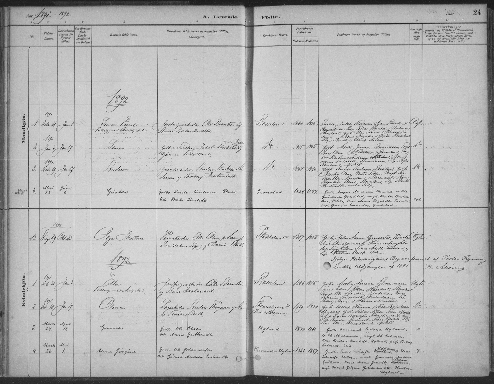 Søgne sokneprestkontor, AV/SAK-1111-0037/F/Fa/Faa/L0003: Parish register (official) no. A 3, 1883-1910, p. 24