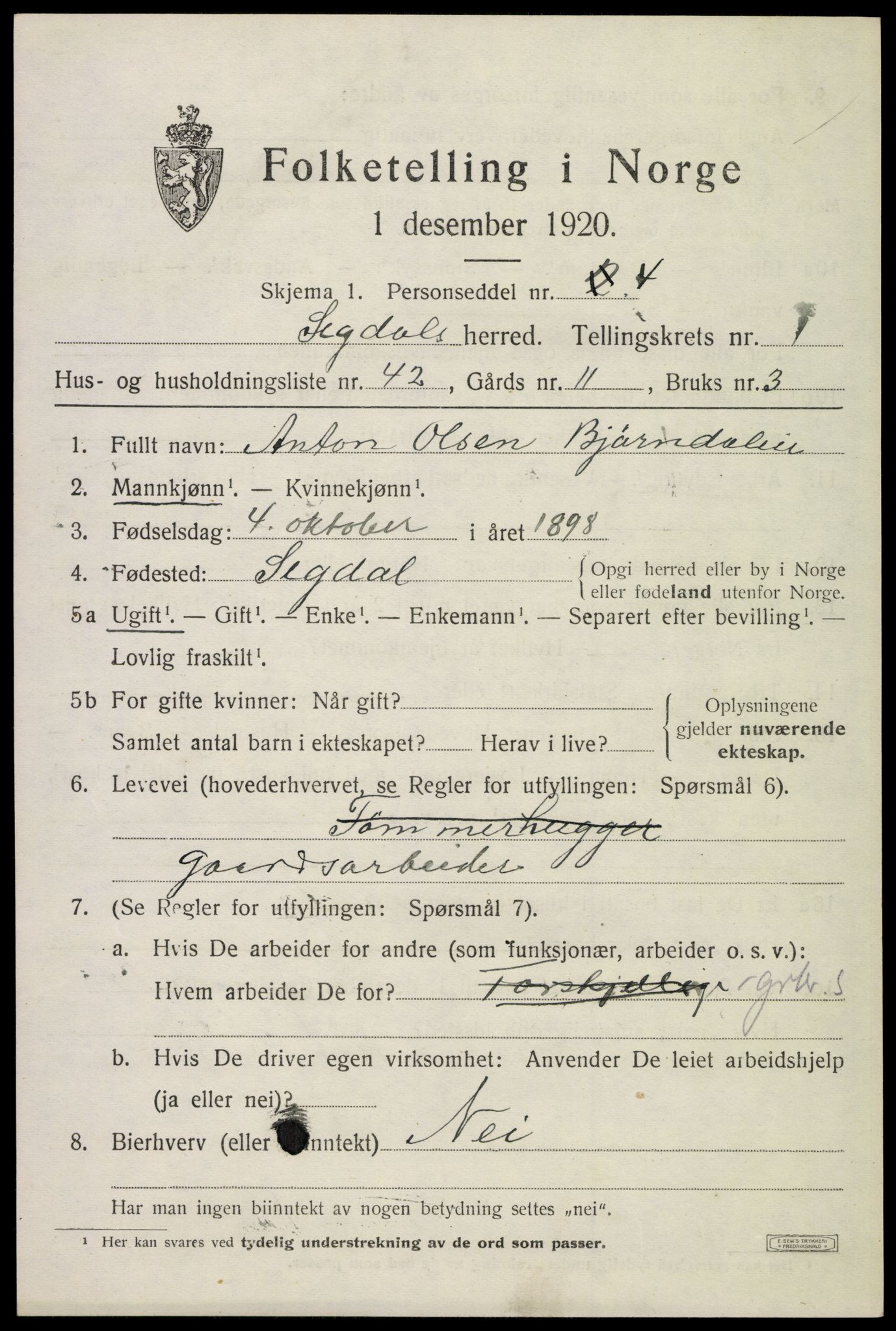 SAKO, 1920 census for Sigdal, 1920, p. 1908