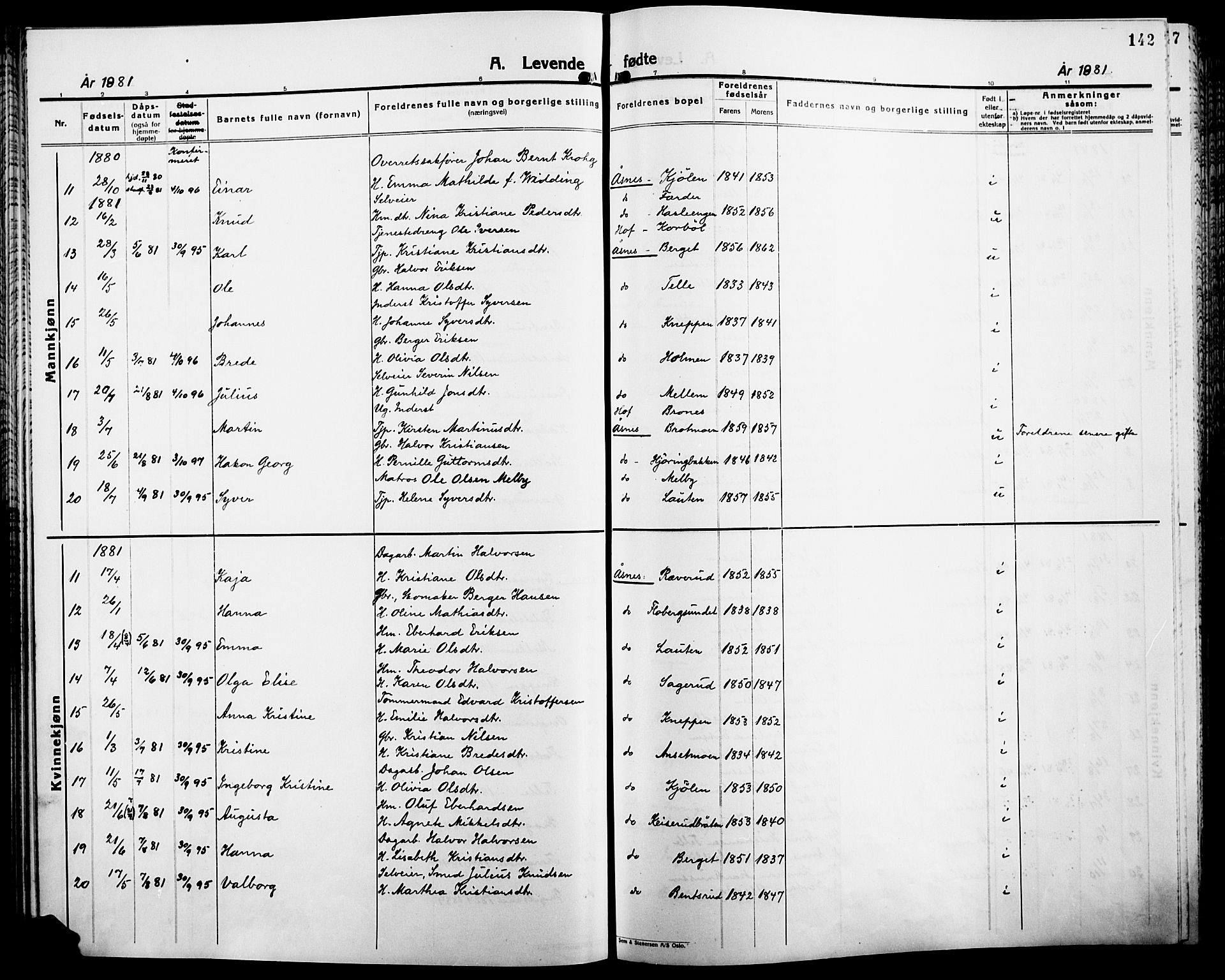 Åsnes prestekontor, AV/SAH-PREST-042/H/Ha/Haa/L0000B: Parish register (official), 1870-1889, p. 142