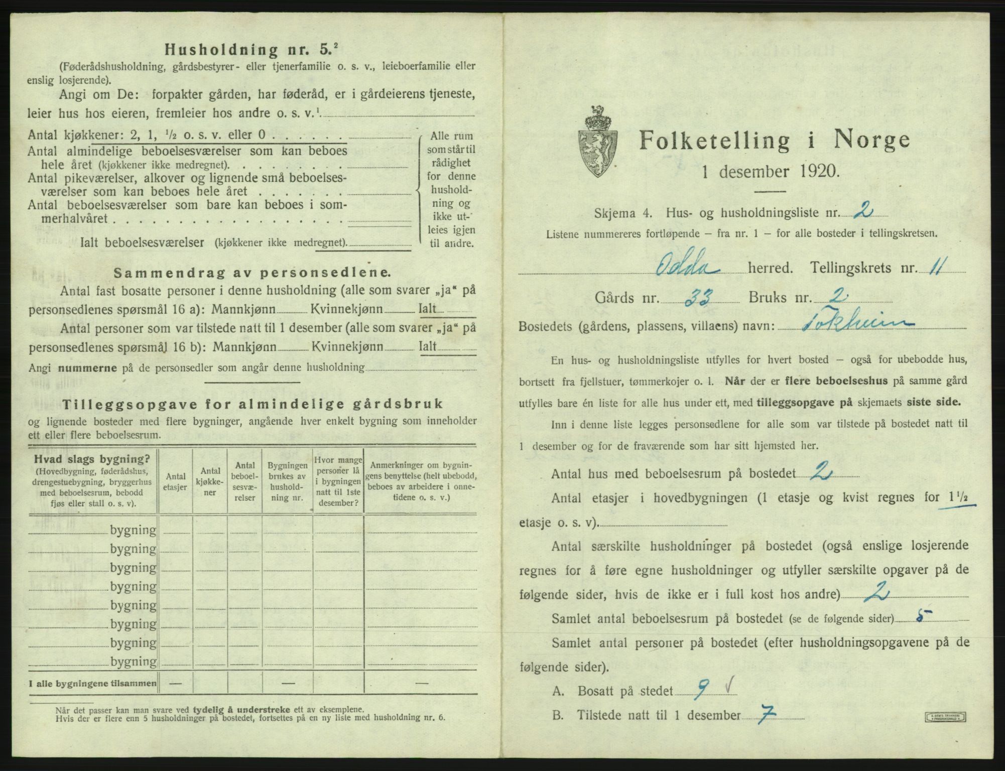 SAB, 1920 census for Odda, 1920, p. 1015