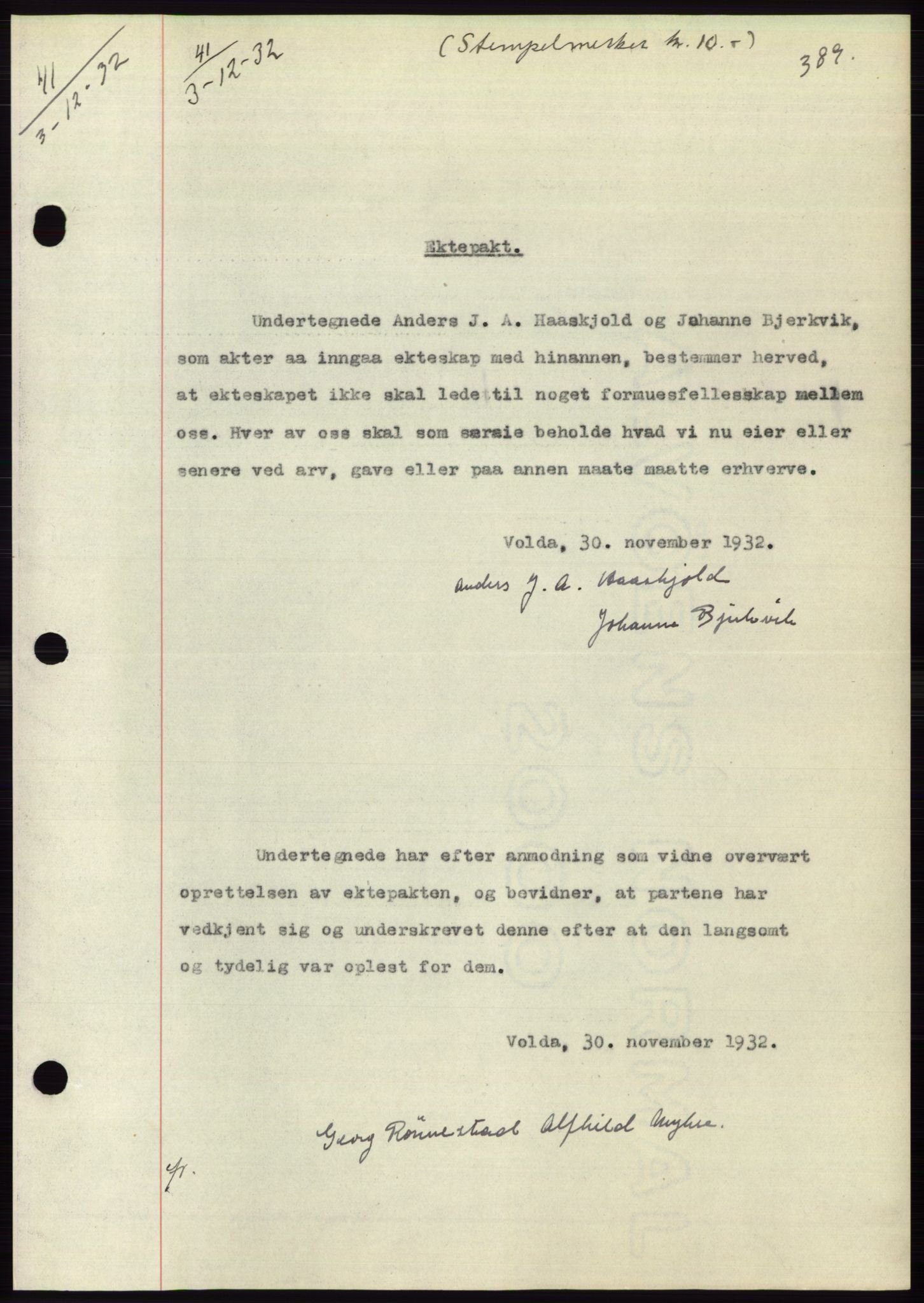 Søre Sunnmøre sorenskriveri, AV/SAT-A-4122/1/2/2C/L0054: Mortgage book no. 48, 1932-1933, Deed date: 03.12.1932