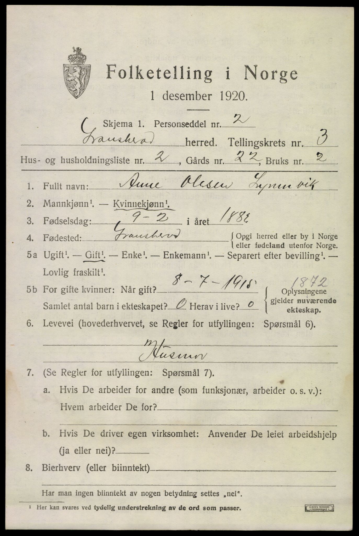 SAKO, 1920 census for Gransherad, 1920, p. 1414