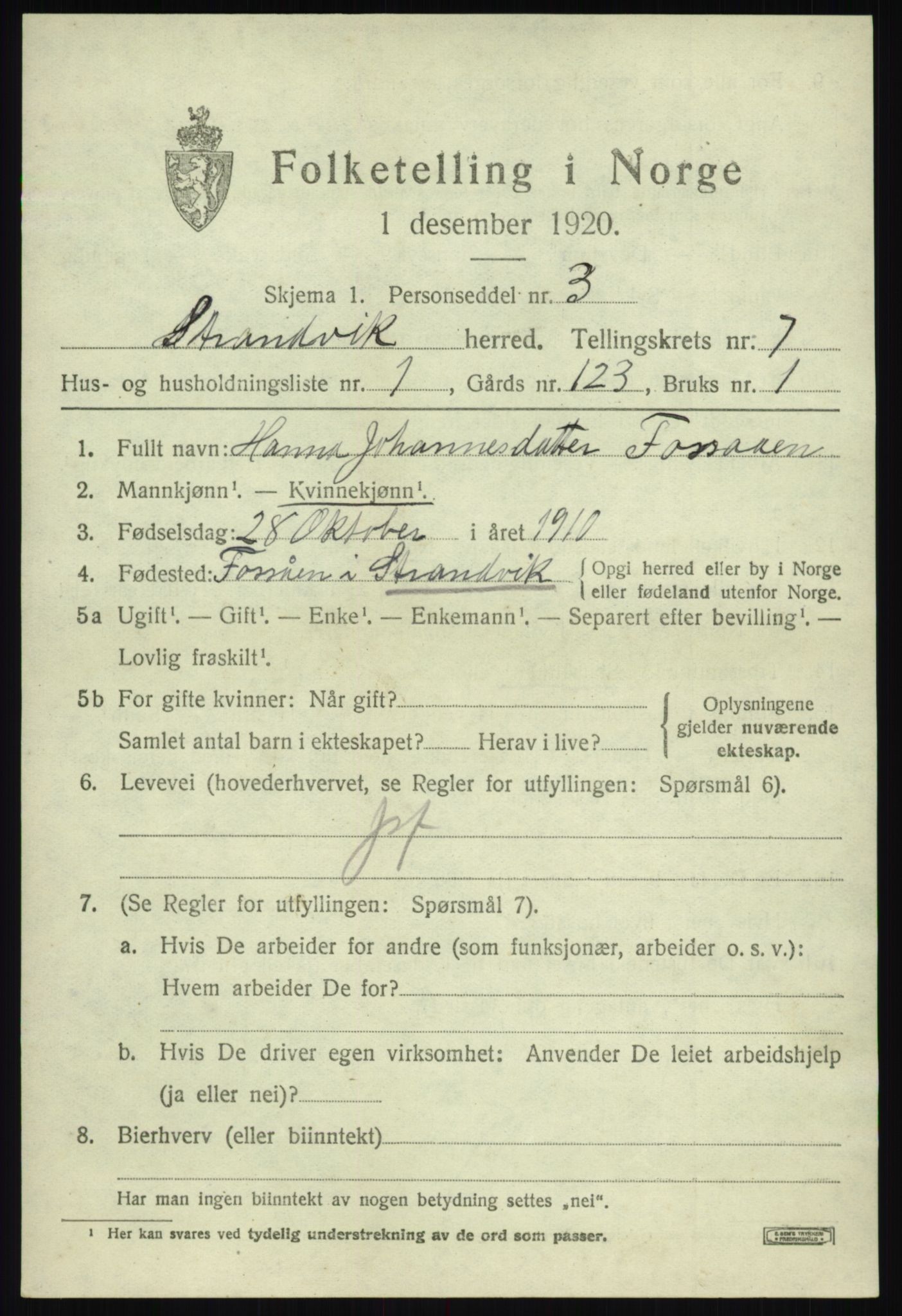 SAB, 1920 census for Strandvik, 1920, p. 4548