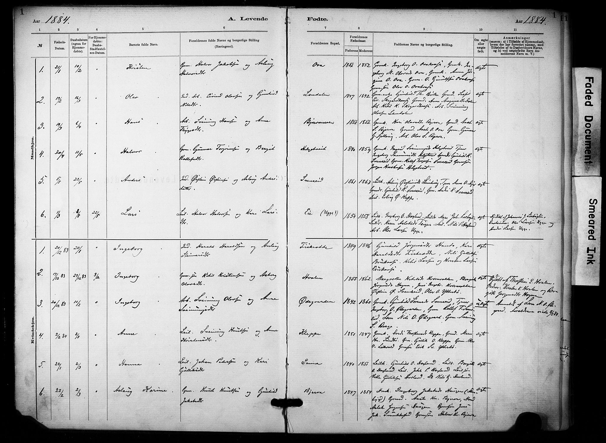 Lunde kirkebøker, AV/SAKO-A-282/F/Fa/L0002: Parish register (official) no. I 2, 1884-1892, p. 1