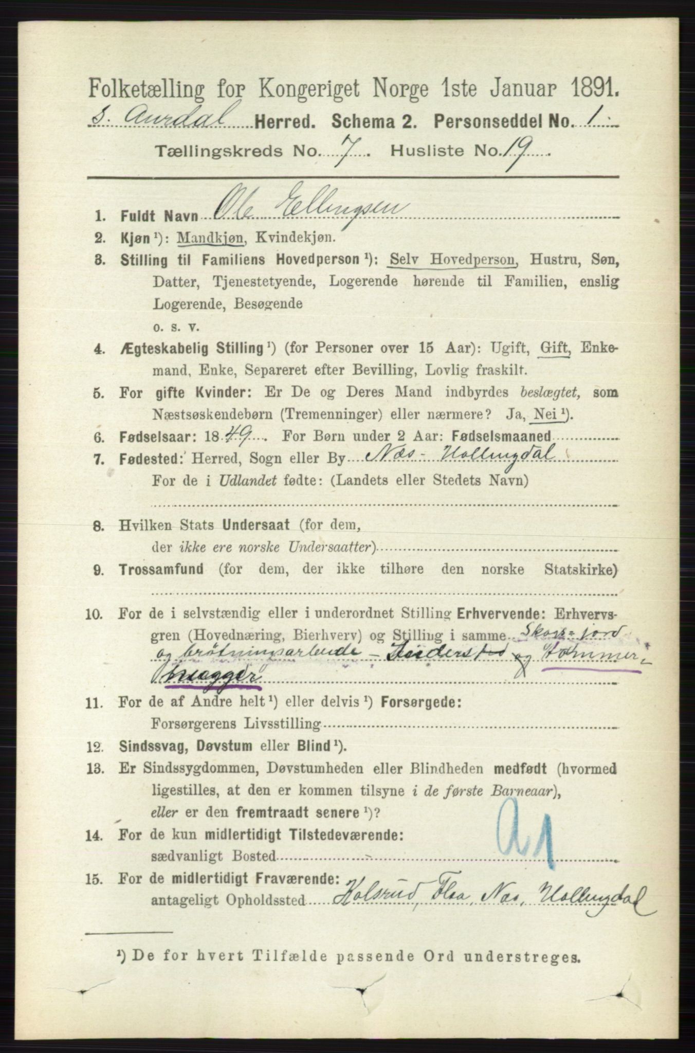 RA, 1891 census for 0540 Sør-Aurdal, 1891, p. 4518