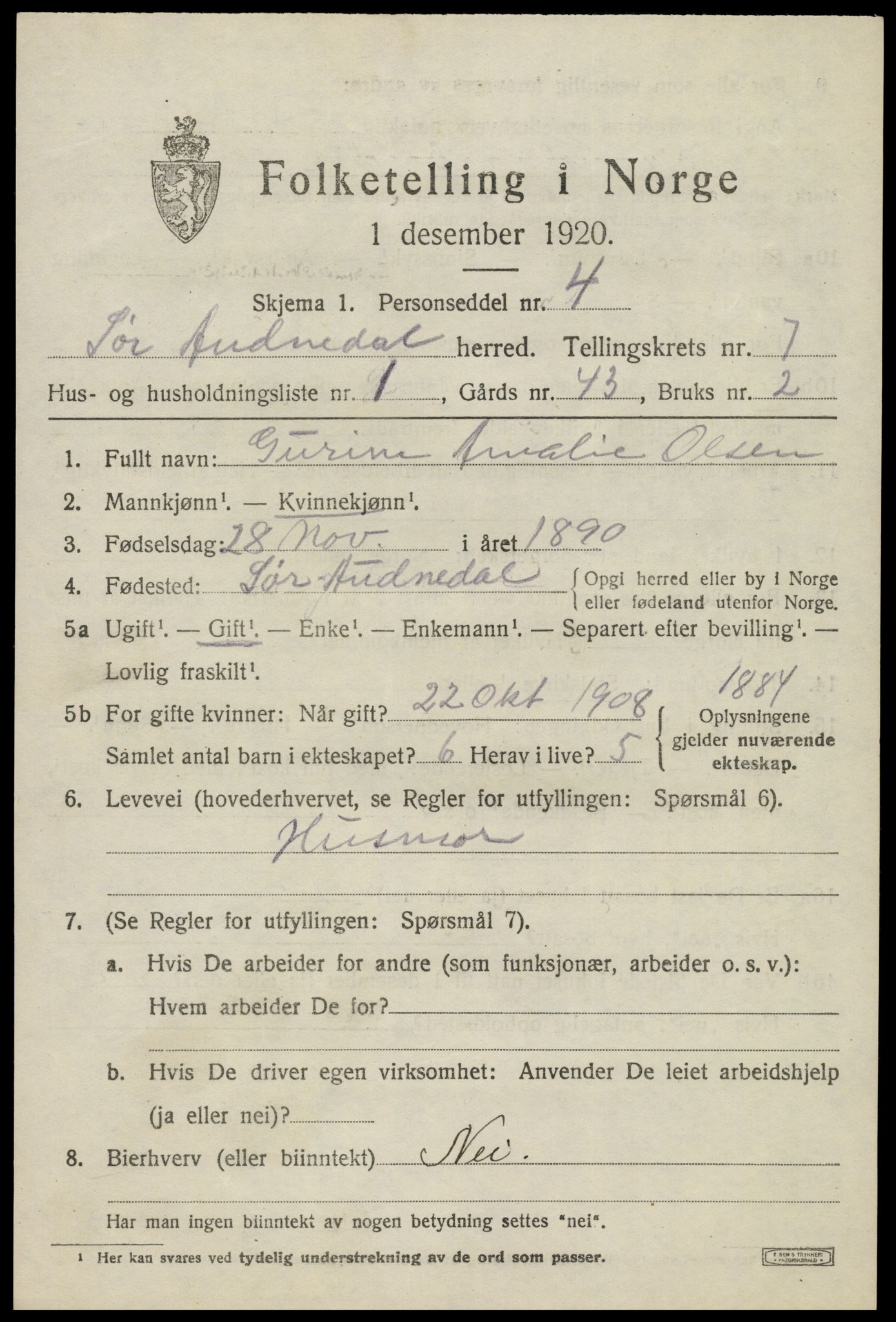 SAK, 1920 census for Sør-Audnedal, 1920, p. 2997