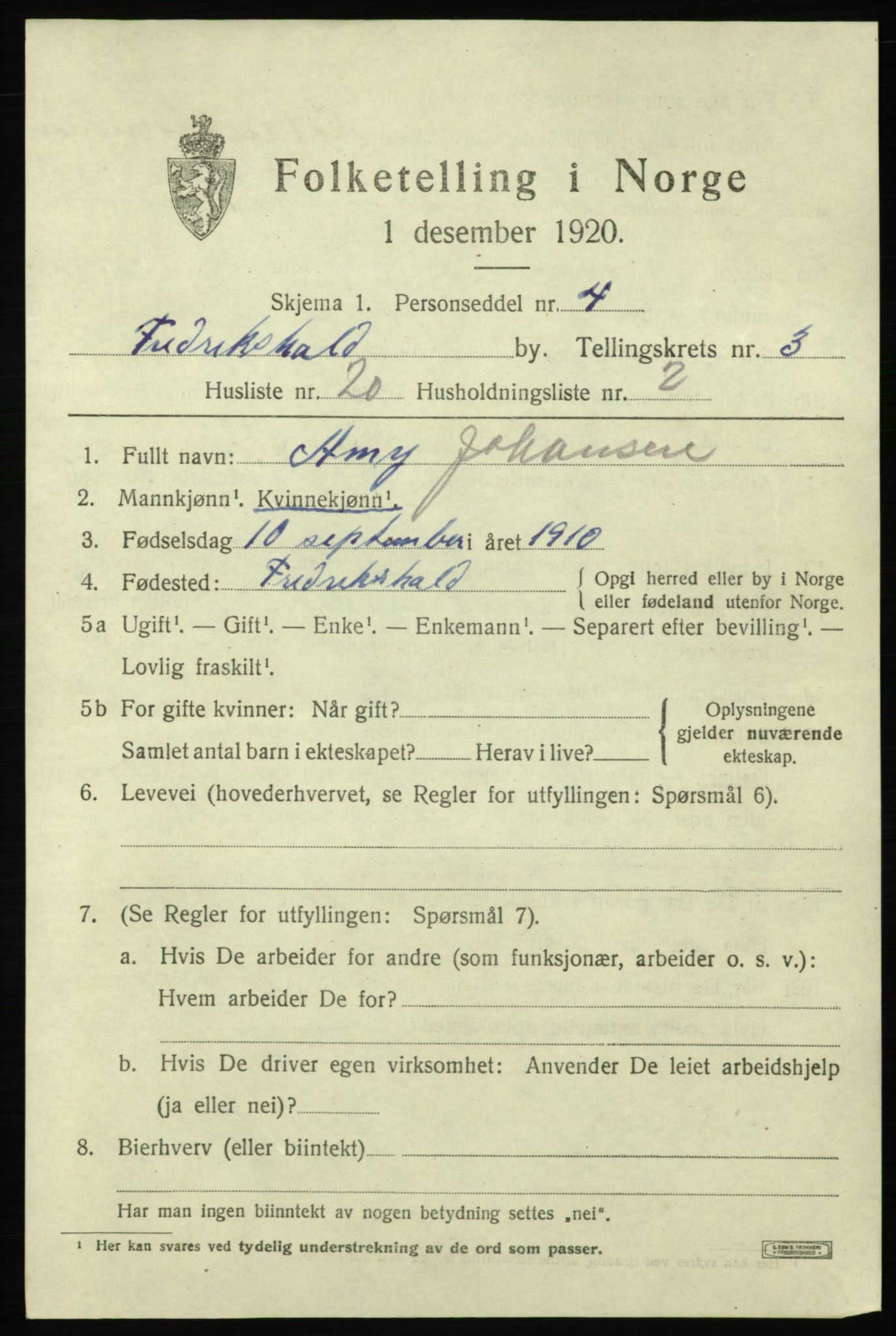 SAO, 1920 census for Fredrikshald, 1920, p. 10920