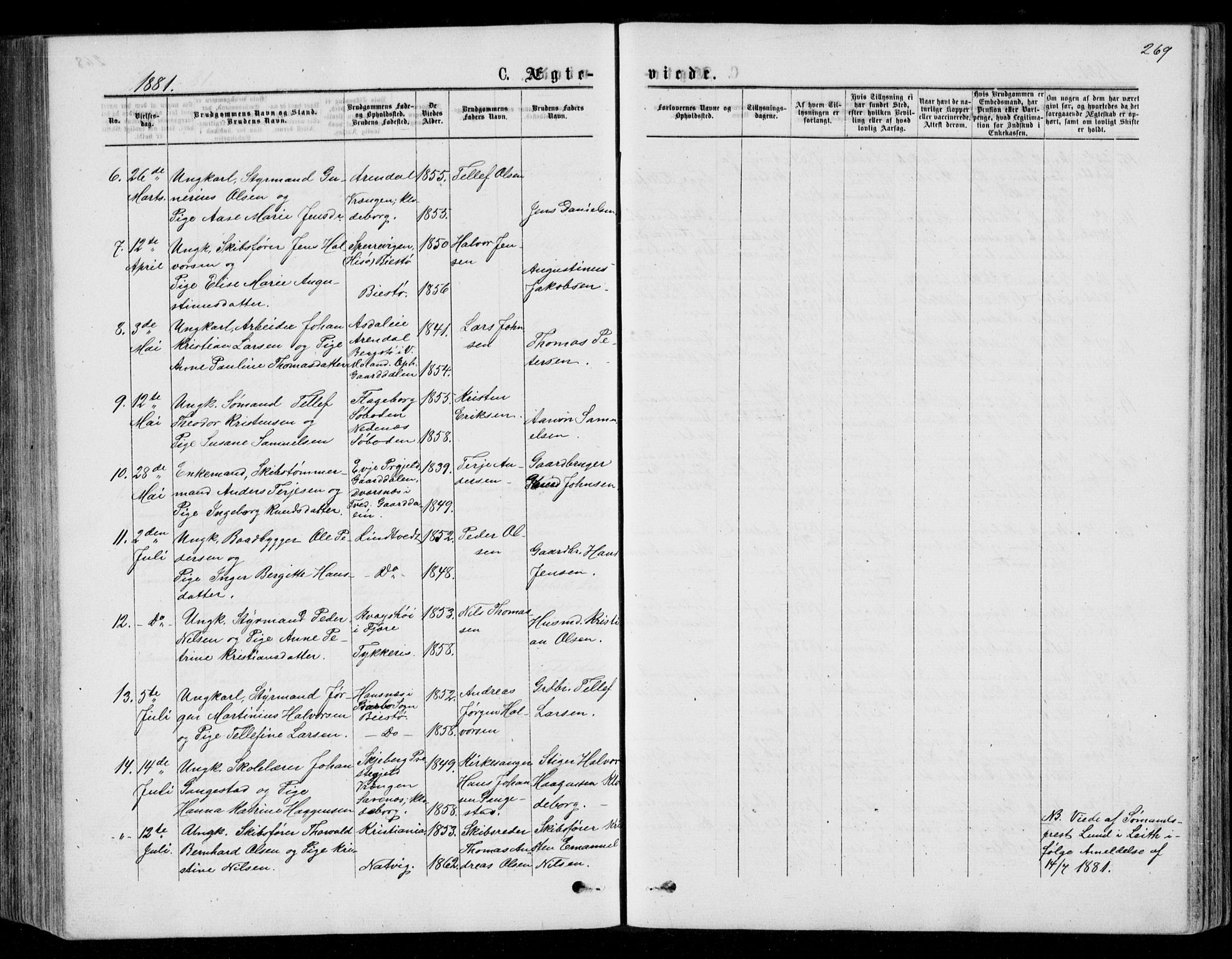 Øyestad sokneprestkontor, SAK/1111-0049/F/Fb/L0008: Parish register (copy) no. B 8, 1872-1886, p. 269