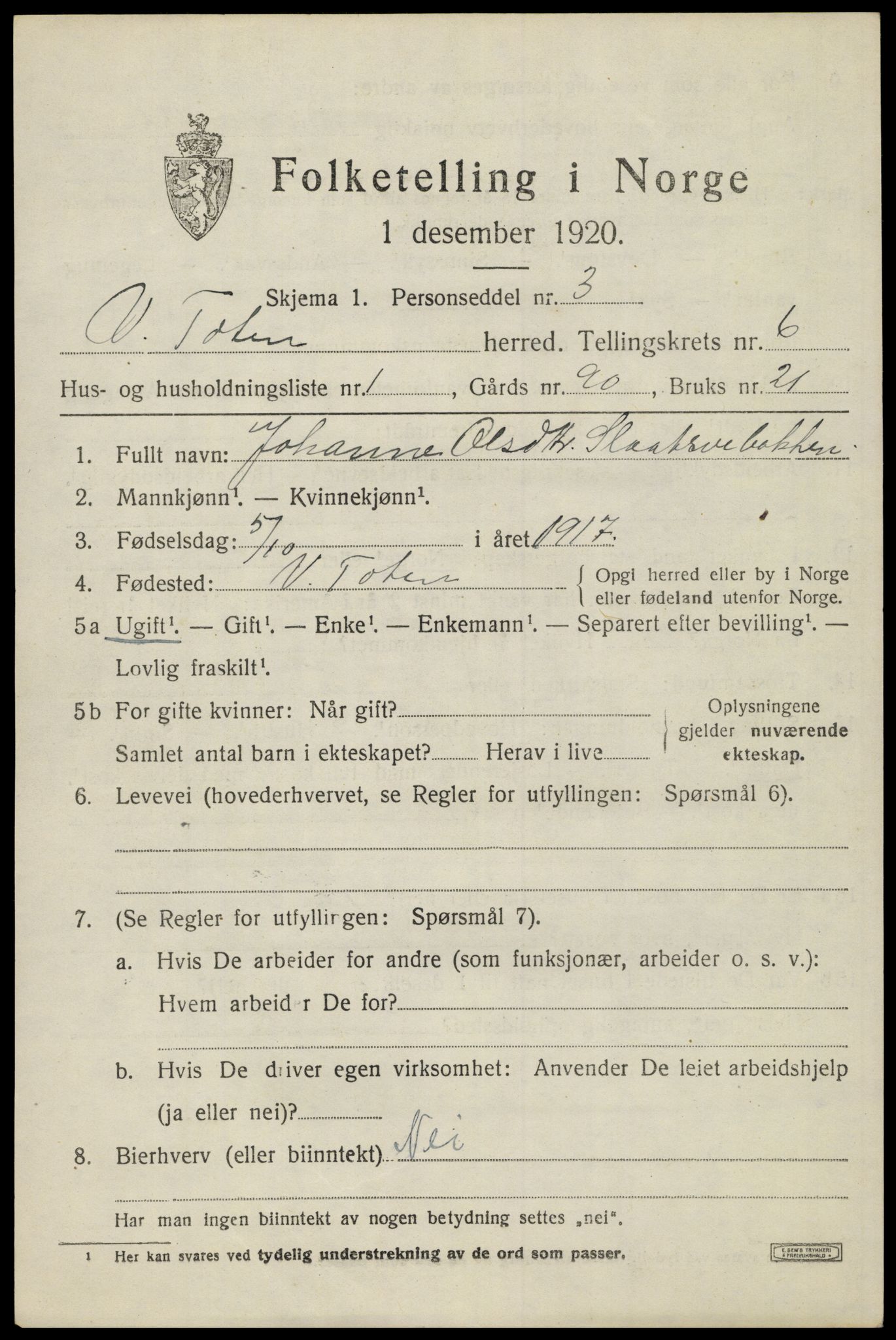 SAH, 1920 census for Vestre Toten, 1920, p. 8188