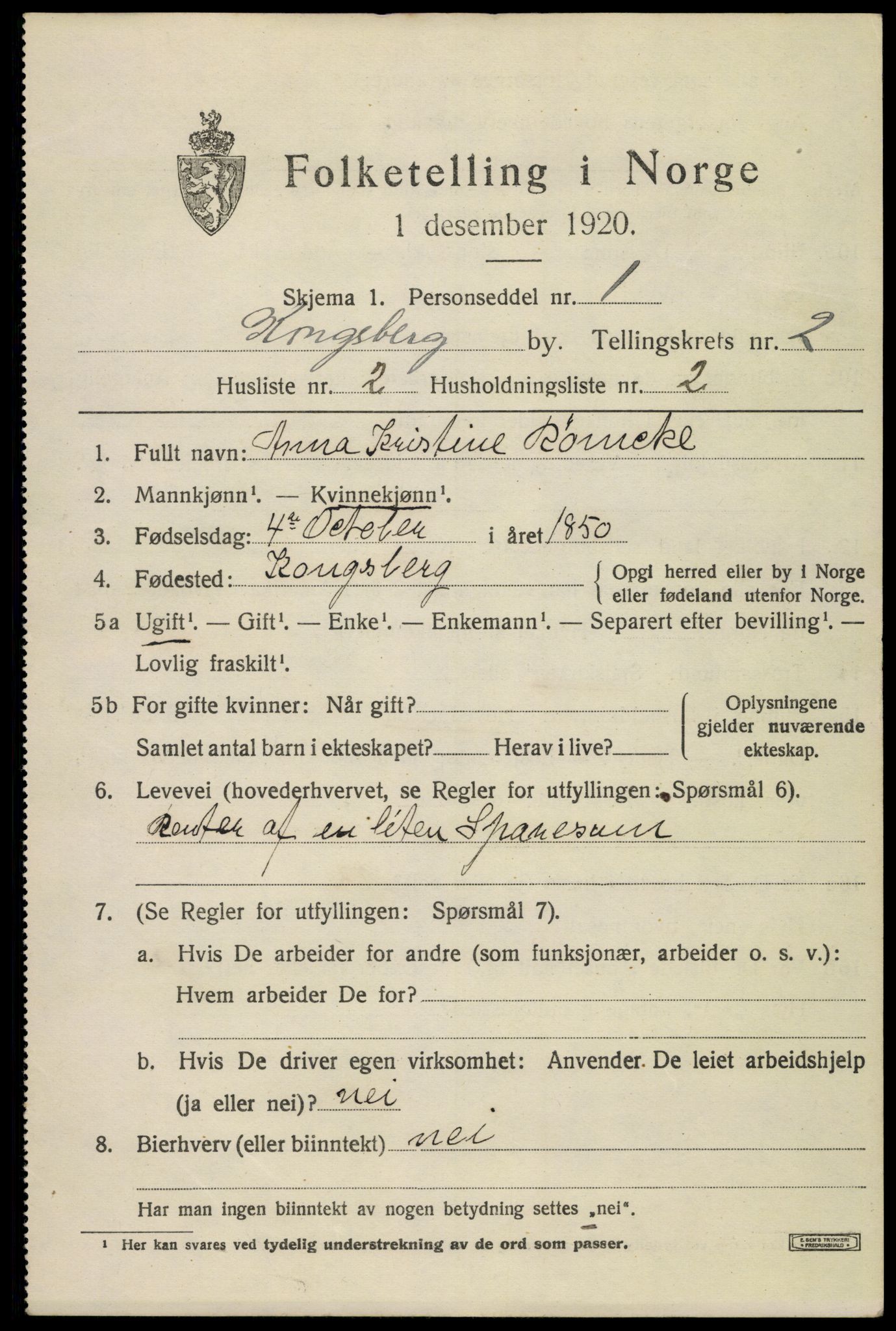 SAKO, 1920 census for Kongsberg, 1920, p. 6796