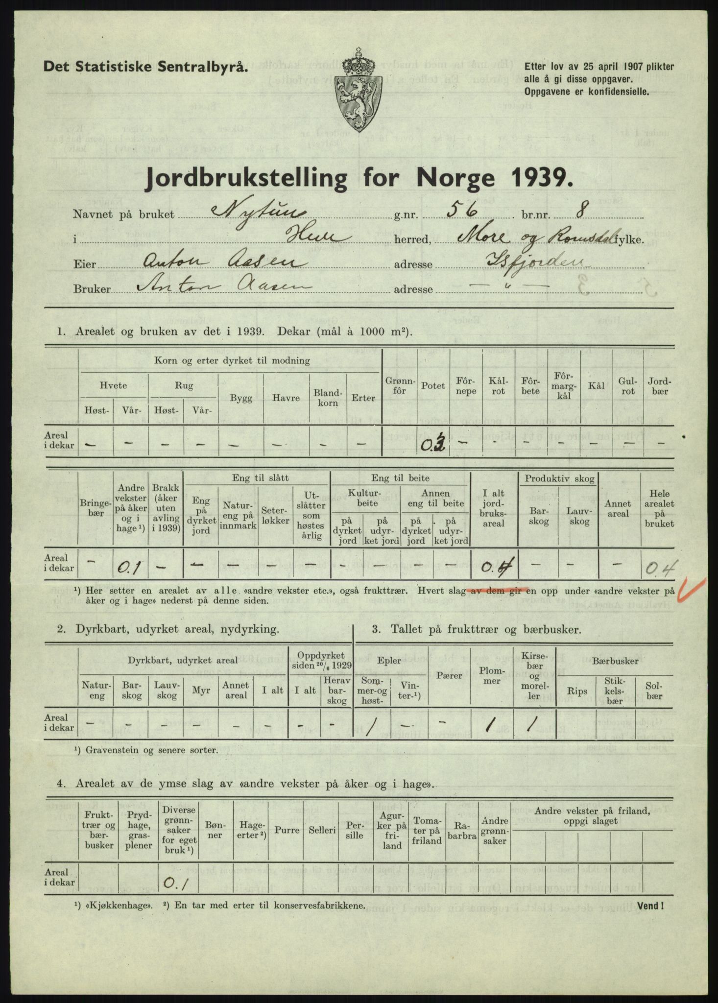 Statistisk sentralbyrå, Næringsøkonomiske emner, Jordbruk, skogbruk, jakt, fiske og fangst, AV/RA-S-2234/G/Gb/L0251: Møre og Romsdal: Voll, Eid, Grytten og Hen, 1939, p. 1031