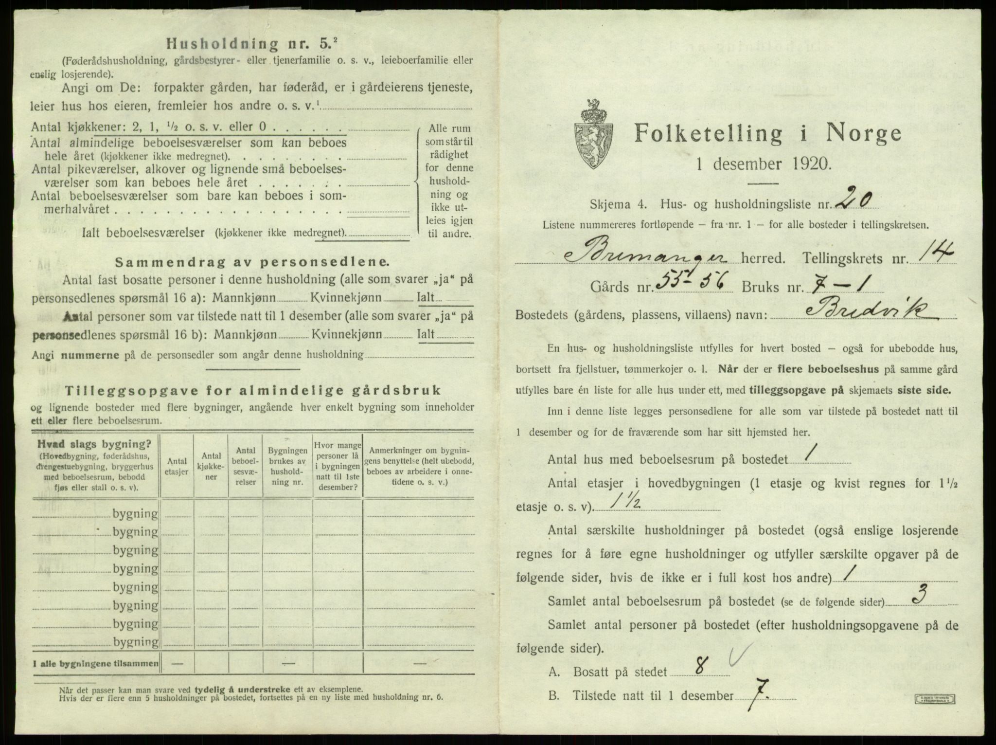 SAB, 1920 census for Bremanger, 1920, p. 976