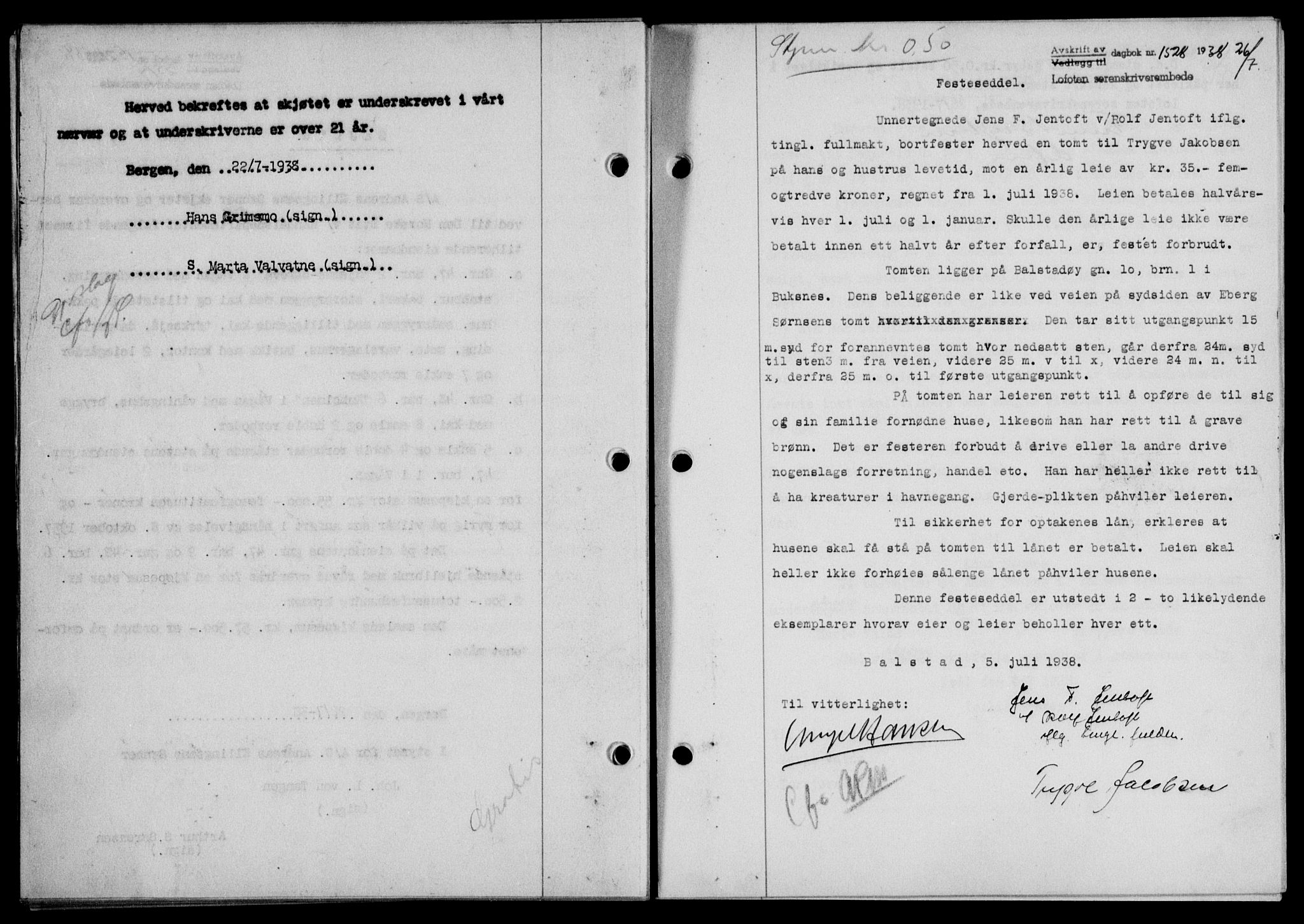 Lofoten sorenskriveri, SAT/A-0017/1/2/2C/L0004a: Mortgage book no. 4a, 1938-1938, Diary no: : 1528/1938