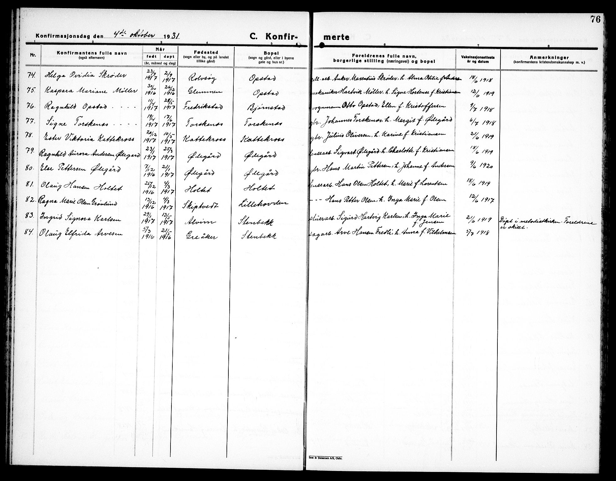 Tune prestekontor Kirkebøker, AV/SAO-A-2007/G/Ga/L0005: Parish register (copy) no. I 5, 1929-1939, p. 76