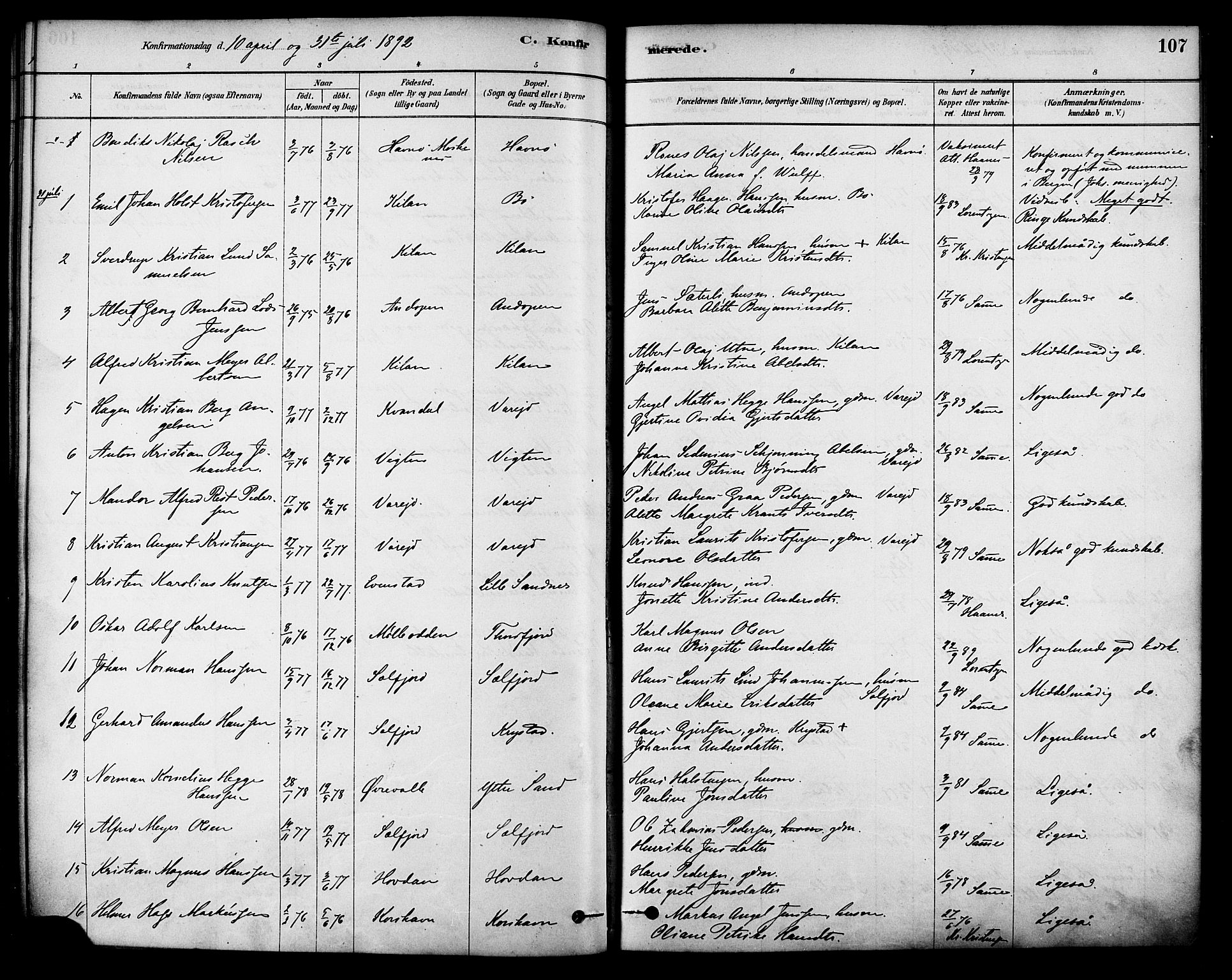 Ministerialprotokoller, klokkerbøker og fødselsregistre - Nordland, SAT/A-1459/885/L1204: Parish register (official) no. 885A05, 1878-1892, p. 107