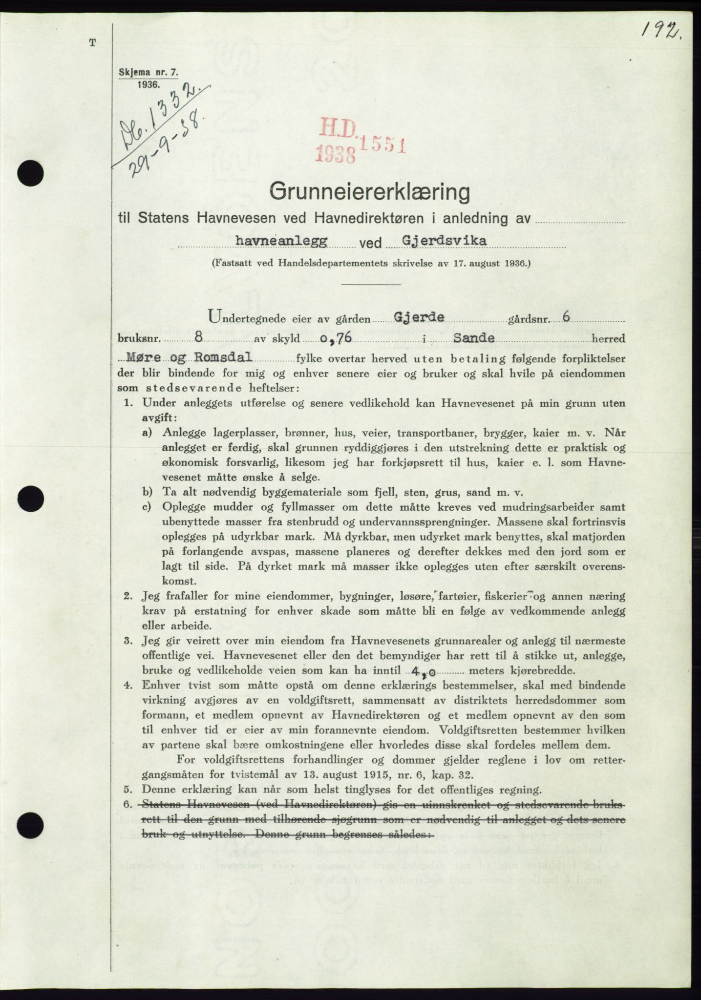 Søre Sunnmøre sorenskriveri, AV/SAT-A-4122/1/2/2C/L0066: Mortgage book no. 60, 1938-1938, Diary no: : 1332/1938