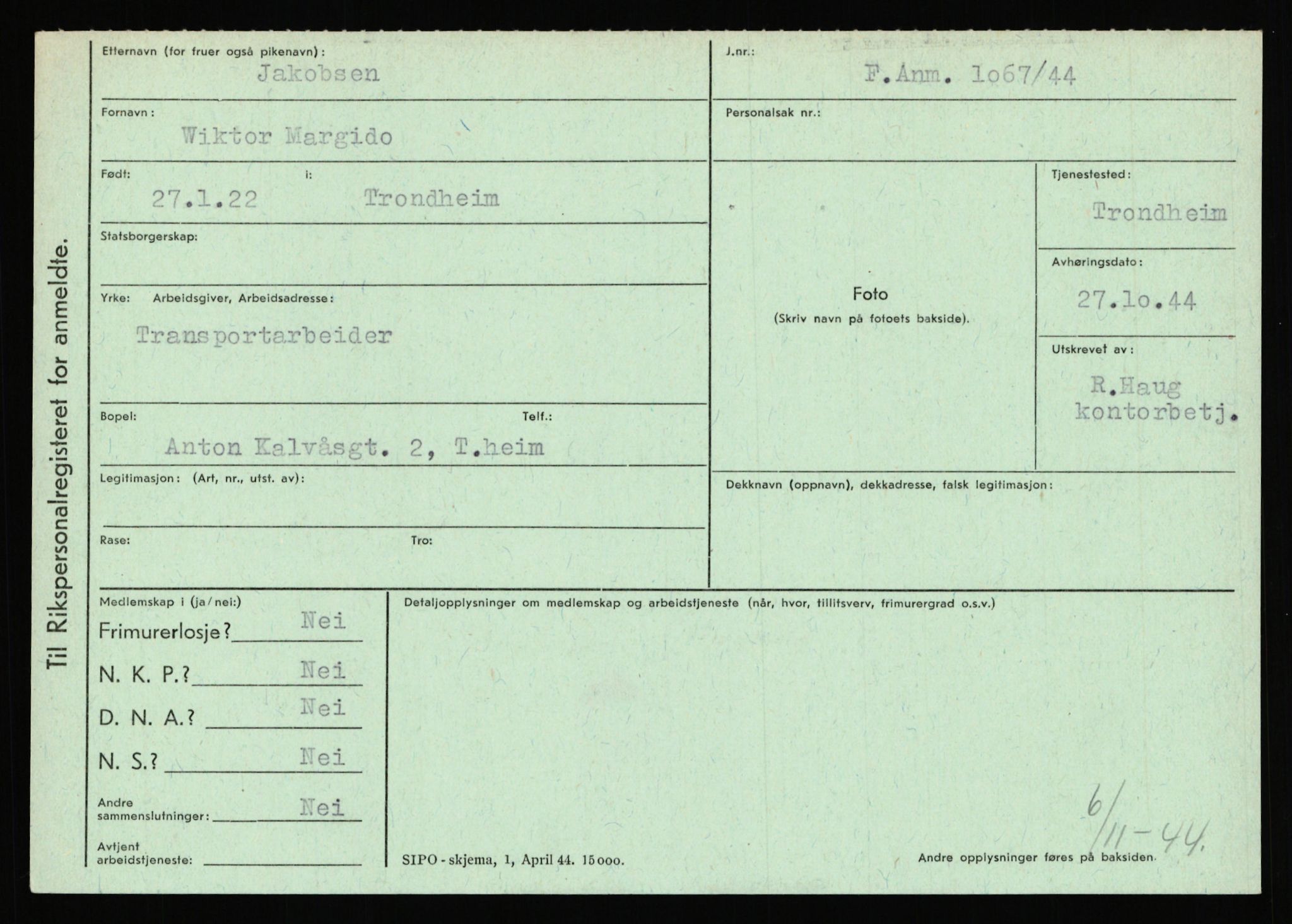 Statspolitiet - Hovedkontoret / Osloavdelingen, AV/RA-S-1329/C/Ca/L0007: Hol - Joelsen, 1943-1945, p. 3377