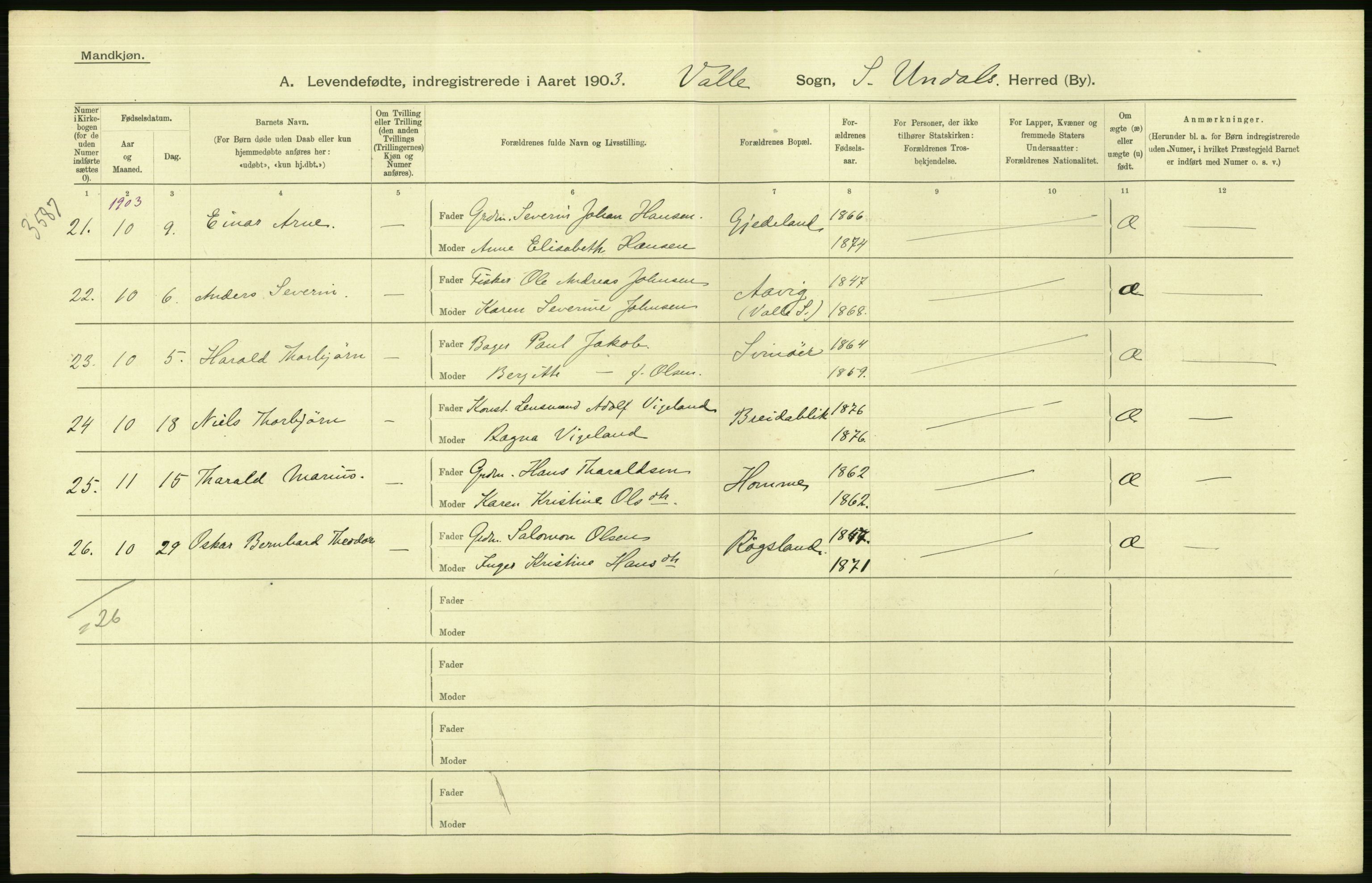 Statistisk sentralbyrå, Sosiodemografiske emner, Befolkning, AV/RA-S-2228/D/Df/Dfa/Dfaa/L0011: Lister og Mandal amt: Fødte, gifte, døde, 1903, p. 106