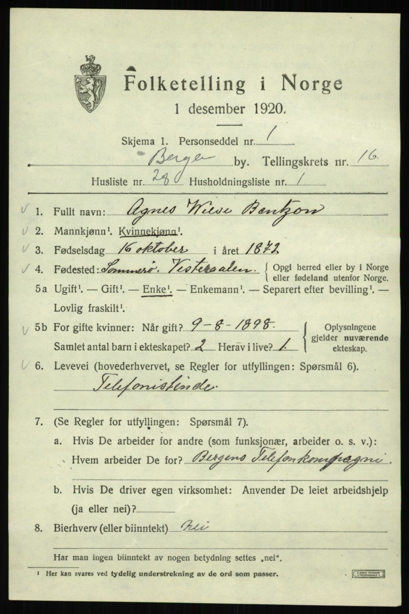SAB, 1920 census for Bergen, 1920, p. 79073