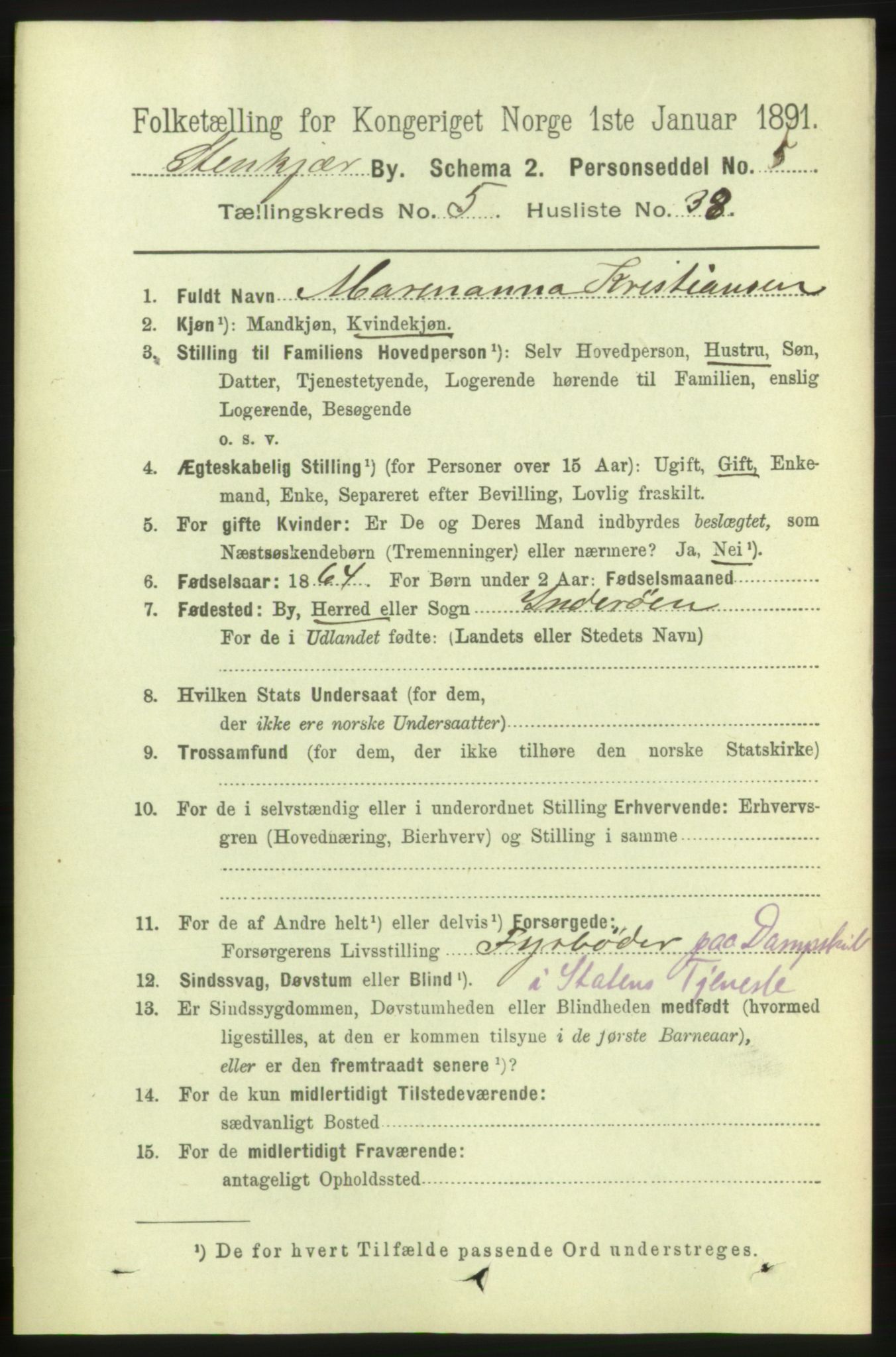 RA, 1891 census for 1702 Steinkjer, 1891, p. 2095