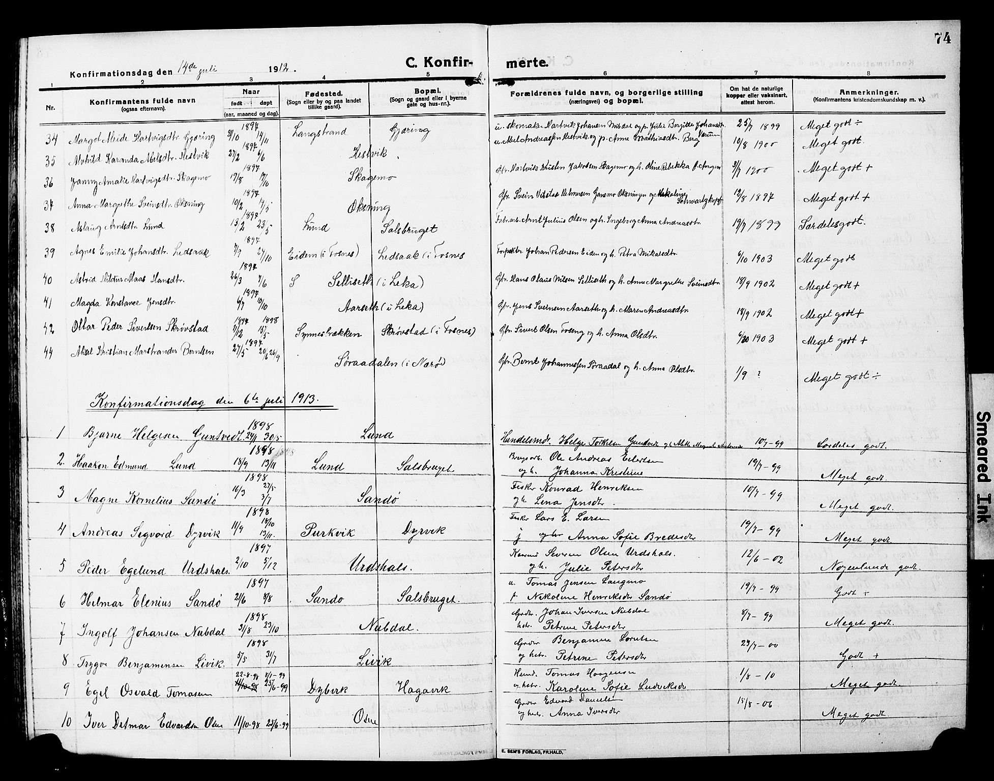 Ministerialprotokoller, klokkerbøker og fødselsregistre - Nord-Trøndelag, SAT/A-1458/780/L0653: Parish register (copy) no. 780C05, 1911-1927, p. 74