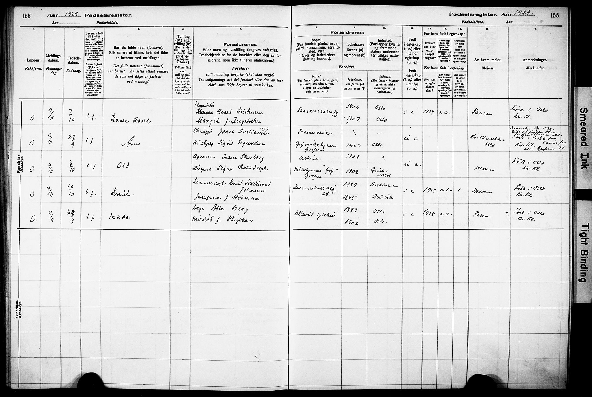 Vestre Aker prestekontor Kirkebøker, AV/SAO-A-10025/J/Ja/L0003: Birth register no. 3, 1926-1930, p. 155