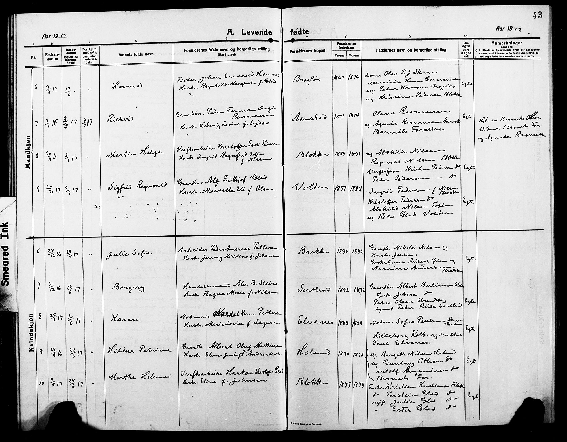Ministerialprotokoller, klokkerbøker og fødselsregistre - Nordland, SAT/A-1459/895/L1383: Parish register (copy) no. 895C05, 1913-1922, p. 43