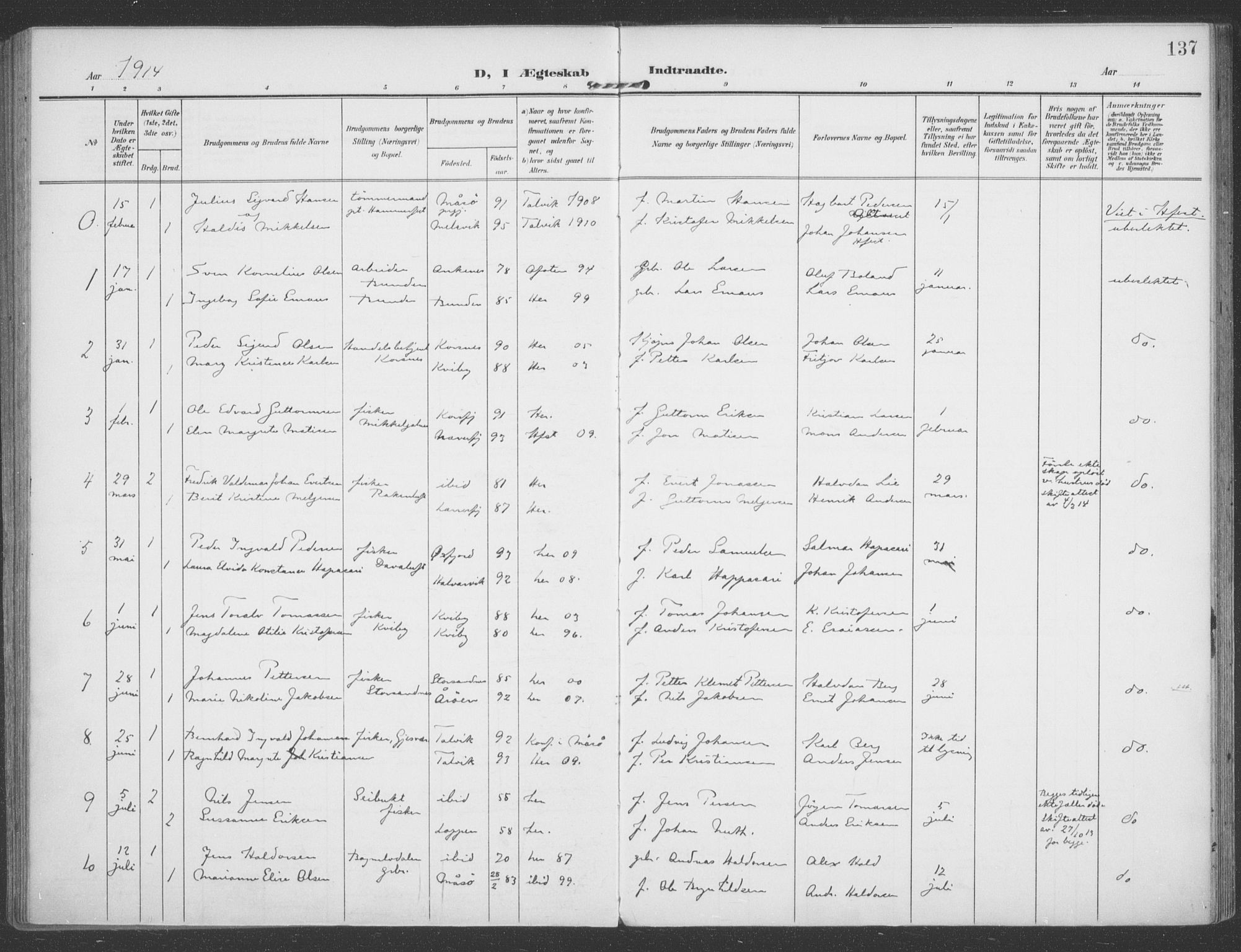 Talvik sokneprestkontor, SATØ/S-1337/H/Ha/L0017kirke: Parish register (official) no. 17, 1906-1915, p. 137