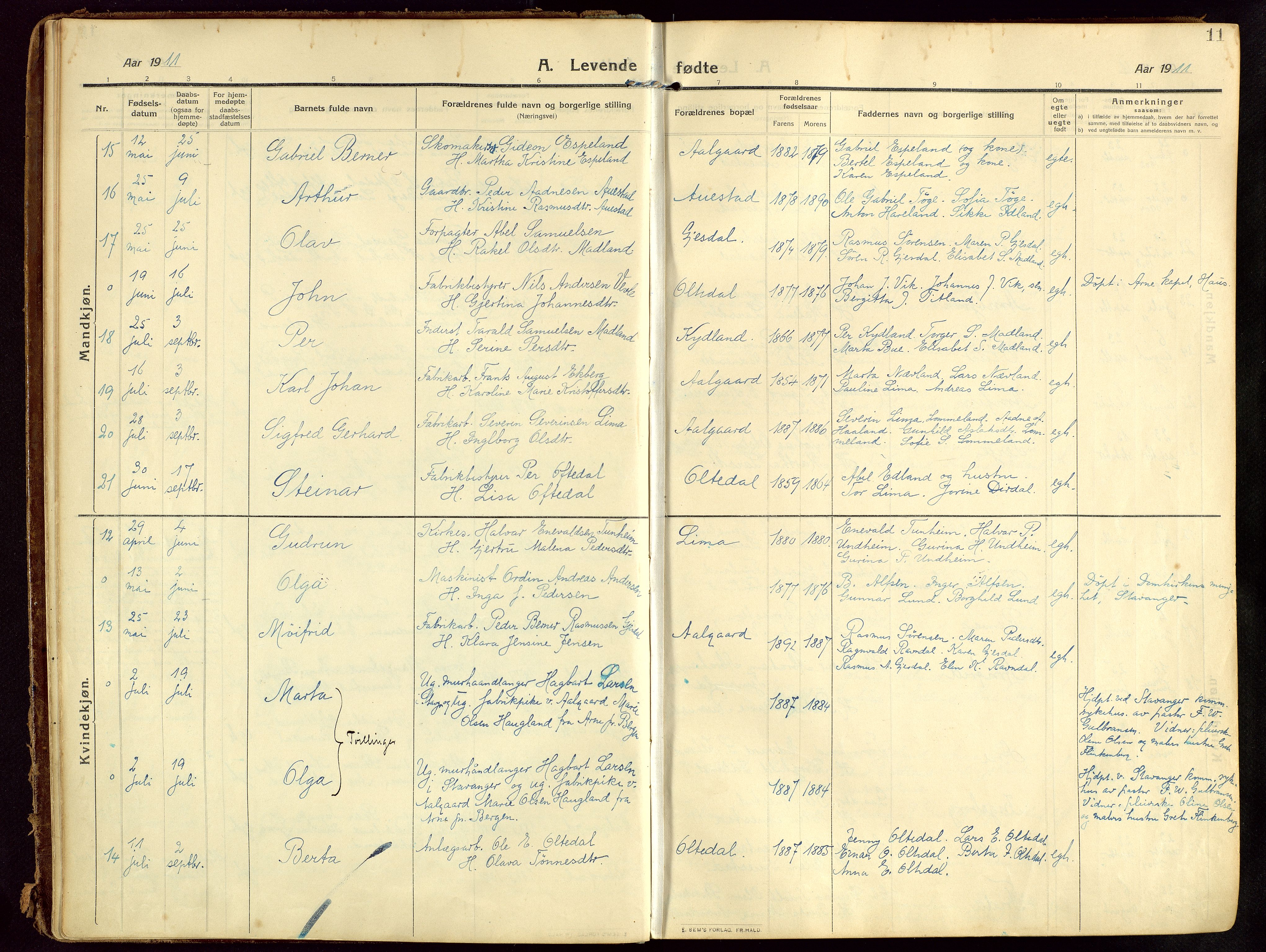 Lye sokneprestkontor, AV/SAST-A-101794/002/B/L0001: Parish register (official) no. A 13, 1910-1925, p. 11