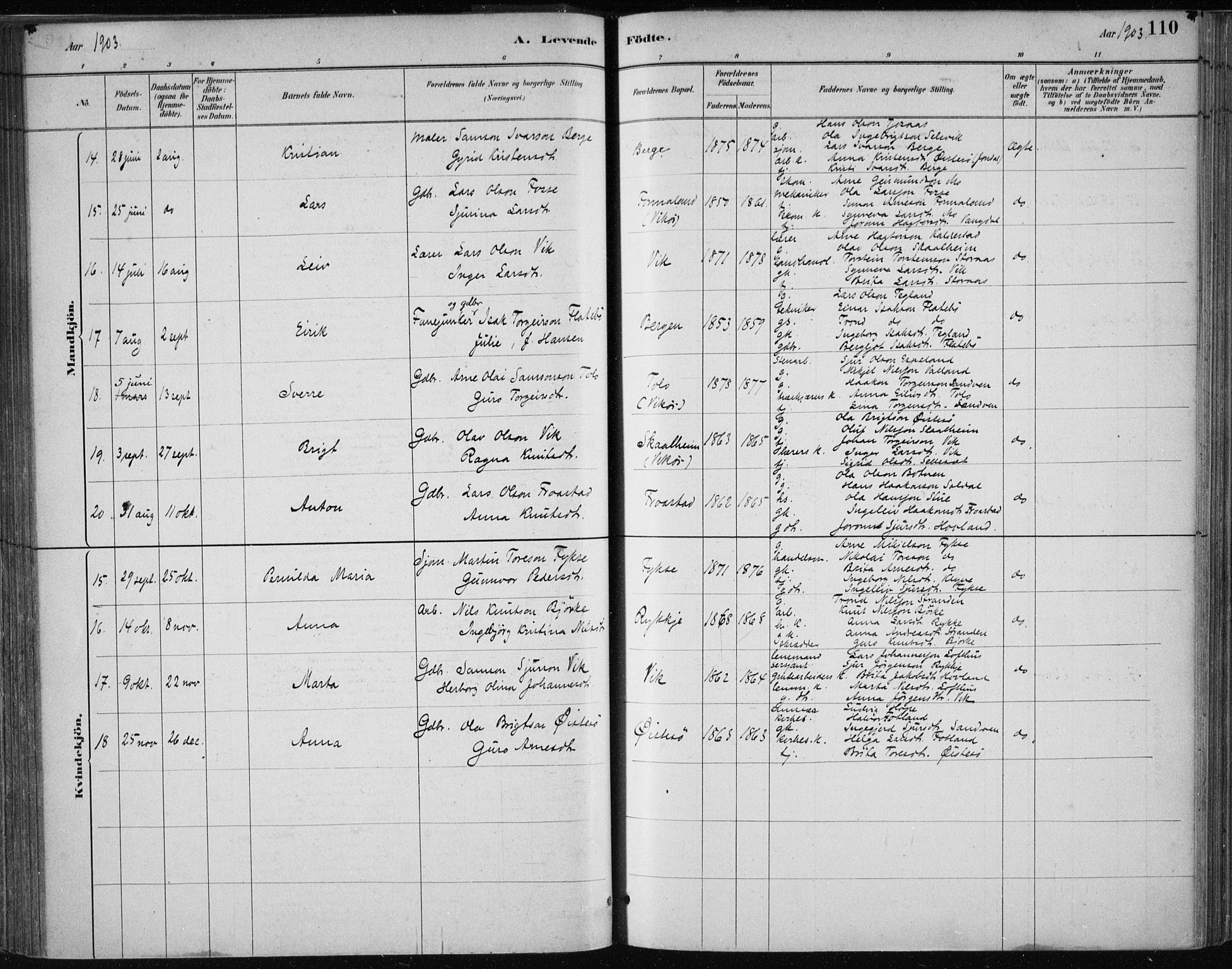 Kvam sokneprestembete, SAB/A-76201/H/Haa: Parish register (official) no. C  1, 1880-1906, p. 110