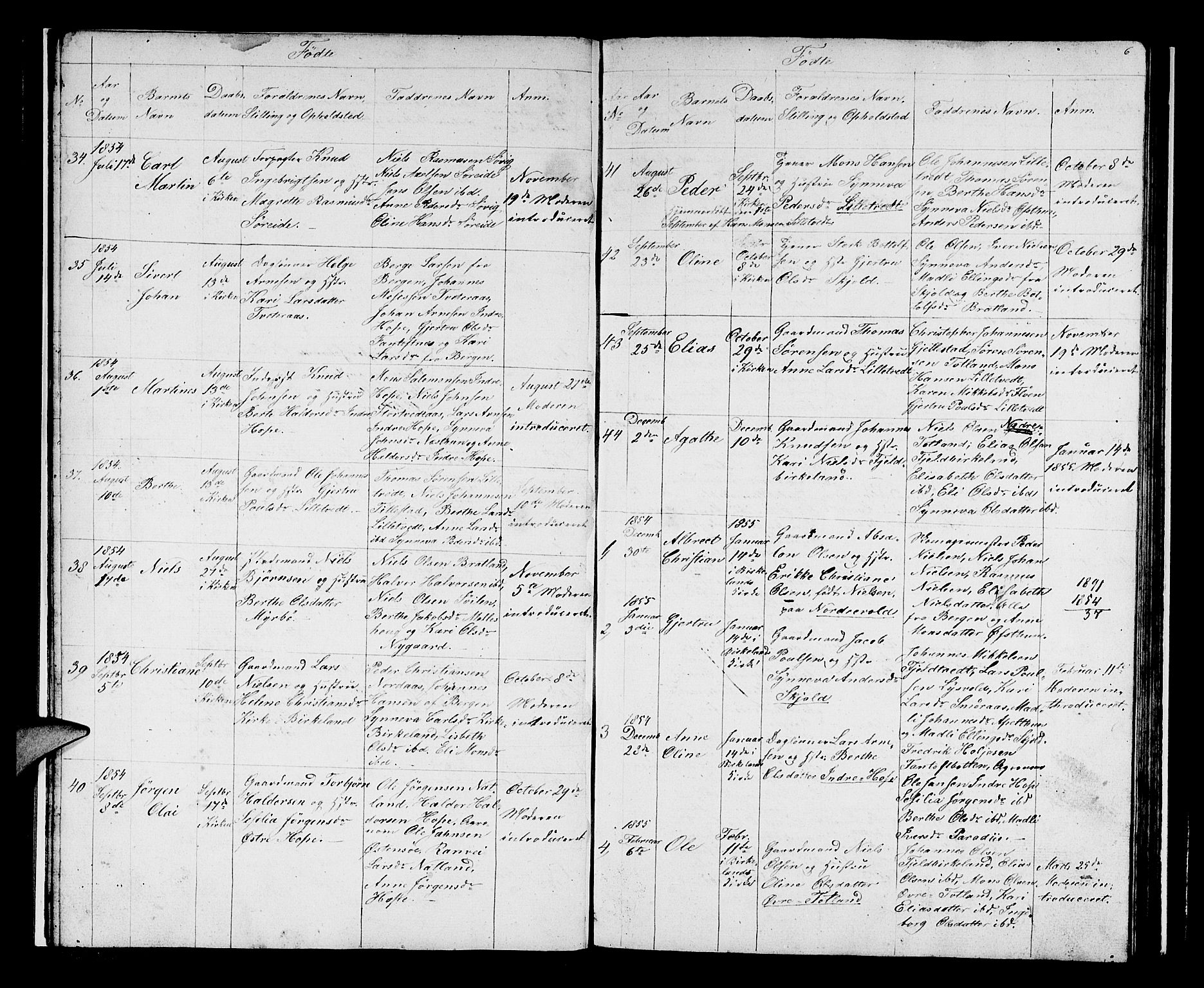 Birkeland Sokneprestembete, SAB/A-74601/H/Hab: Parish register (copy) no. A 1, 1853-1862, p. 6