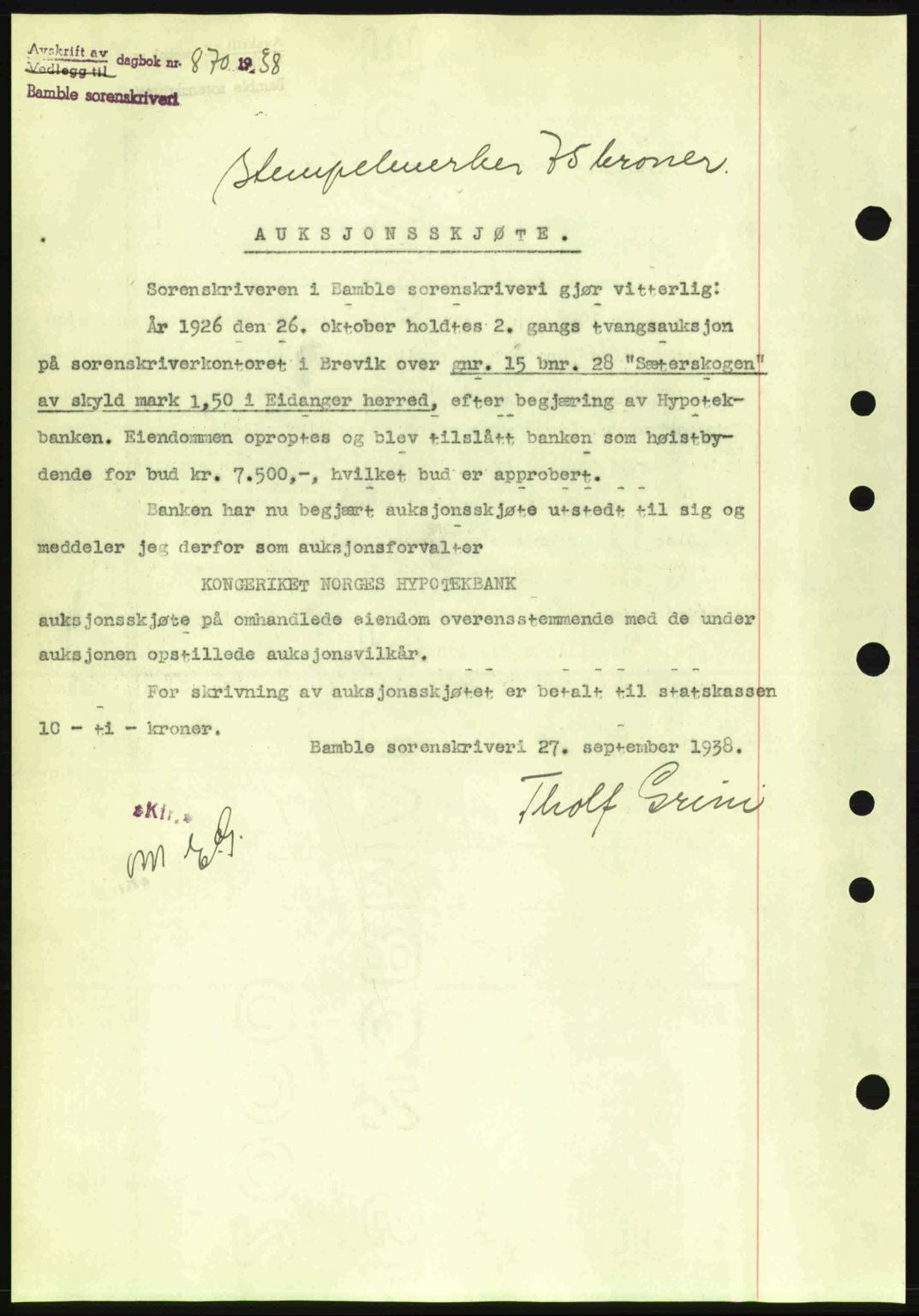 Bamble sorenskriveri, AV/SAKO-A-214/G/Ga/Gag/L0002: Mortgage book no. A-2, 1937-1938, Diary no: : 869/1938