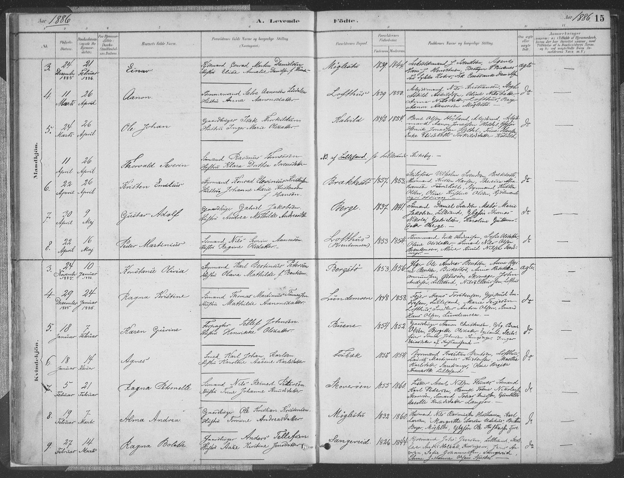 Vestre Moland sokneprestkontor, SAK/1111-0046/F/Fa/Fab/L0009: Parish register (official) no. A 9, 1884-1899, p. 15