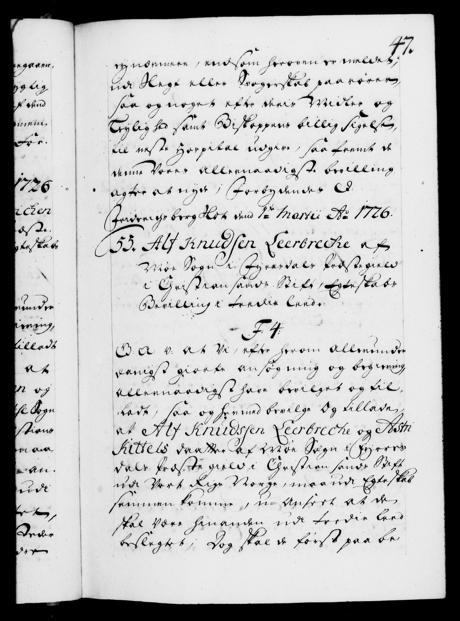 Danske Kanselli 1572-1799, AV/RA-EA-3023/F/Fc/Fca/Fcaa/L0025: Norske registre, 1726-1728, p. 47a