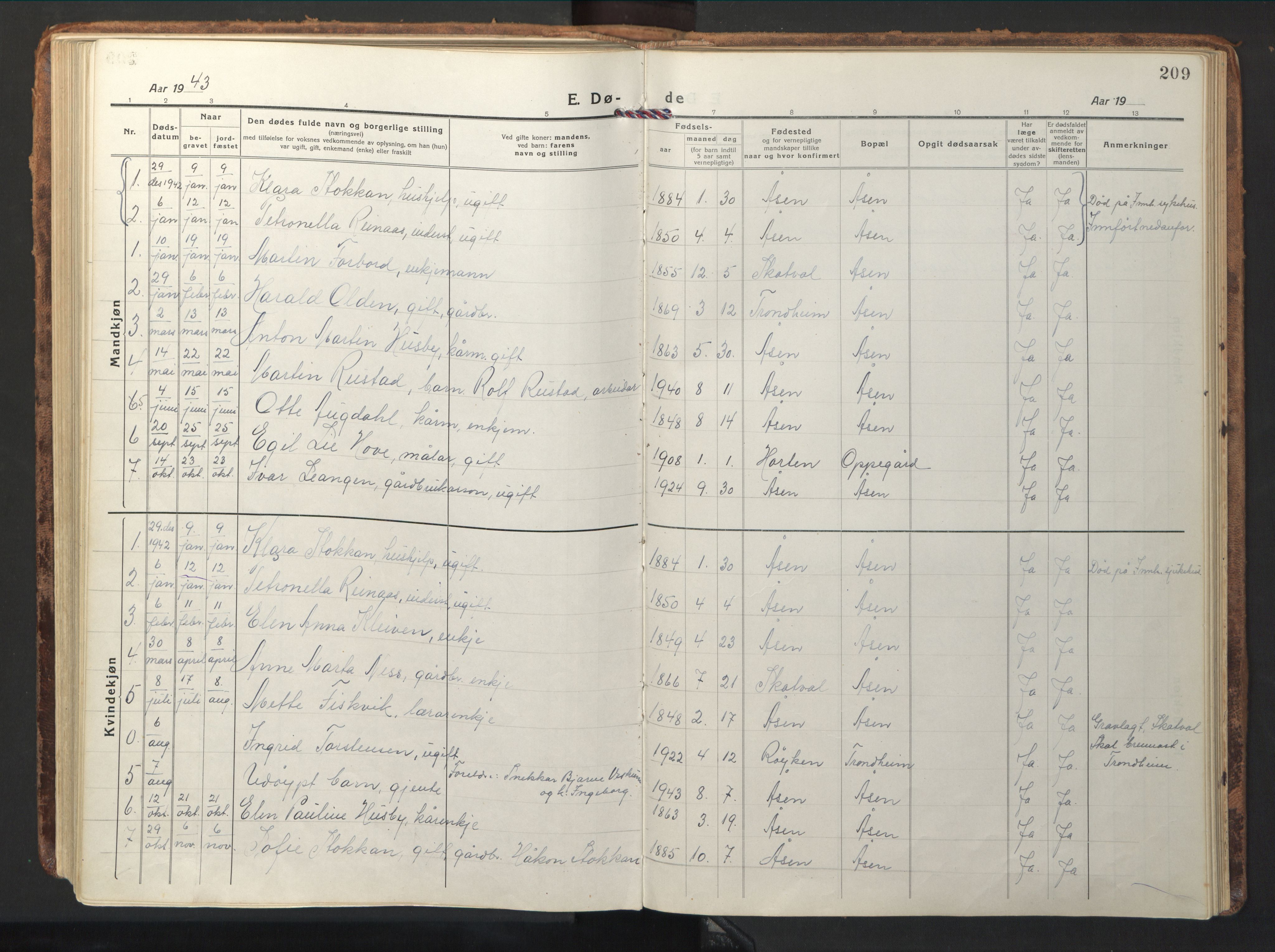 Ministerialprotokoller, klokkerbøker og fødselsregistre - Nord-Trøndelag, SAT/A-1458/714/L0136: Parish register (copy) no. 714C05, 1918-1957, p. 209