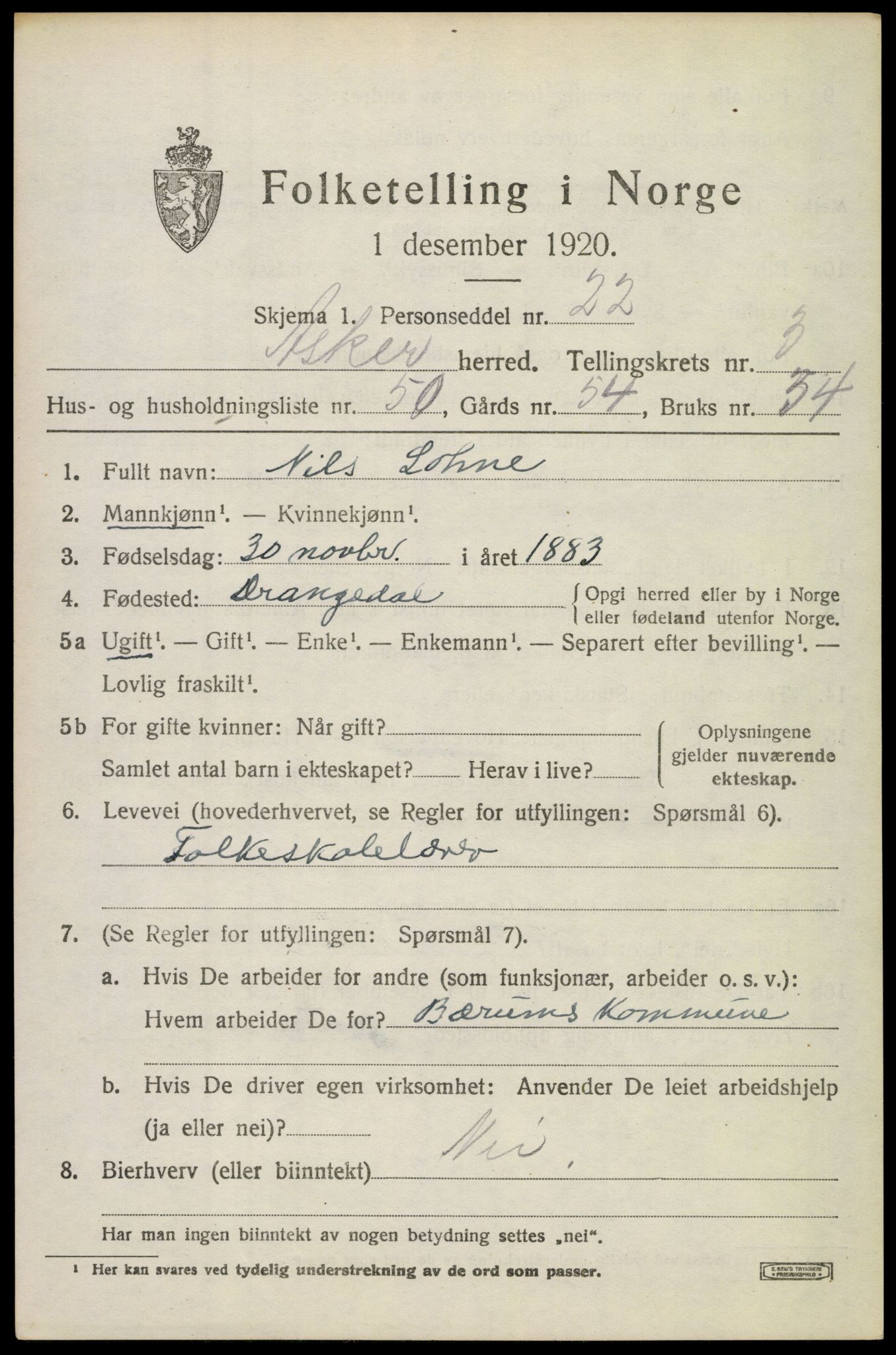 SAO, 1920 census for Asker, 1920, p. 8818