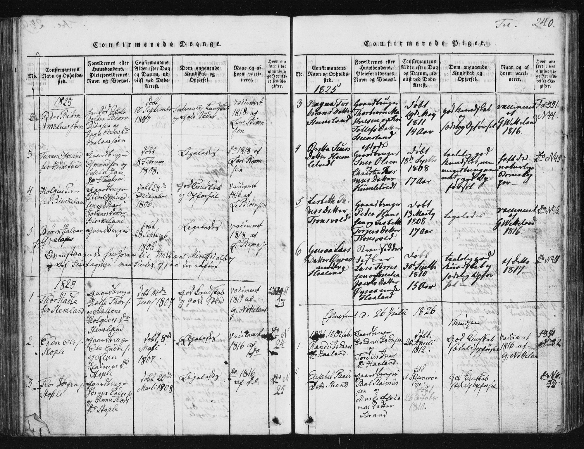 Vikedal sokneprestkontor, SAST/A-101840/01/V: Parish register (copy) no. B 2, 1816-1863, p. 240