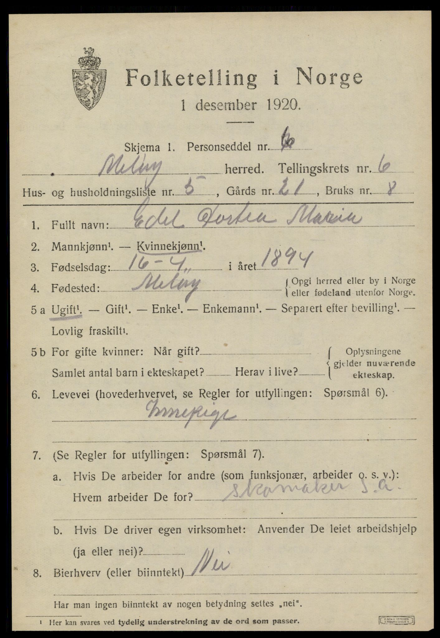 SAT, 1920 census for Meløy, 1920, p. 3461